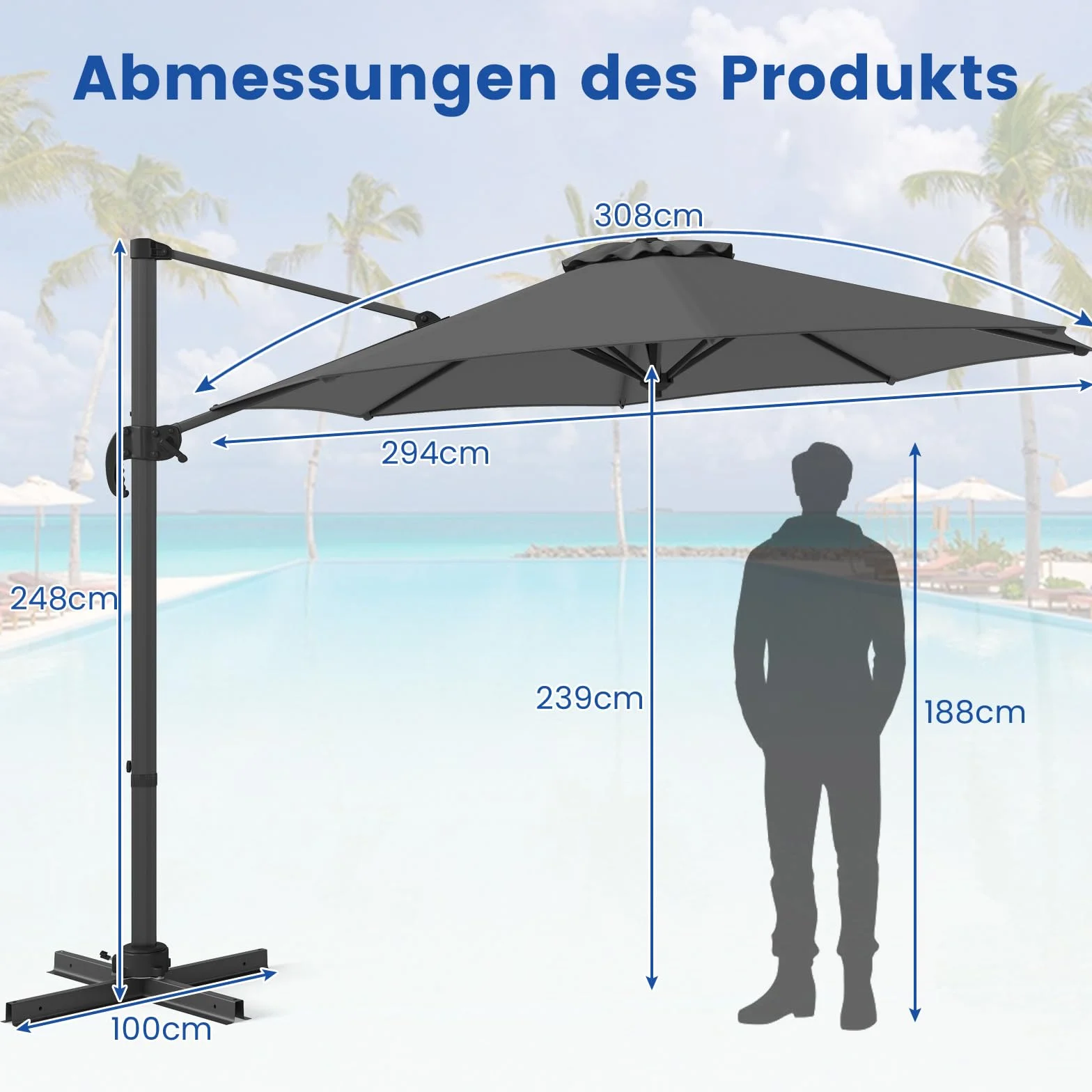 COSTWAY Parasol przeciwsłoneczny, 300 x 300 cm, z korbą, parasol ogrodowy, wychylny, obracany o 360°, duży parasol tarasowy, okrągły parasol do ogrodu, na taras