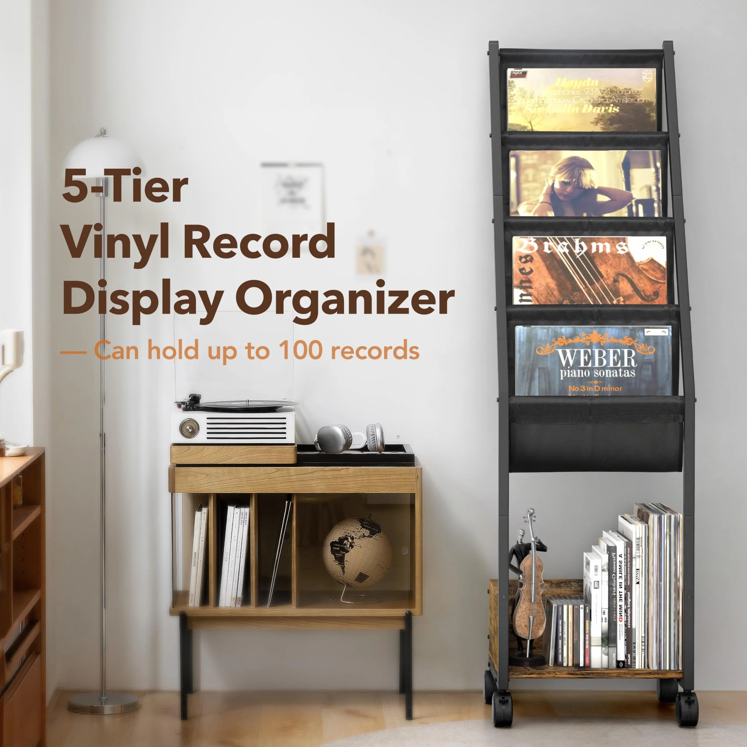 Stojak na Płyty Winylowe, Schowek na Płyty do 100 Albumów, Szafka na Płyty z 4-poziomowym Uchwytem na Płyty Winylowe, Półka na Płyty Winylowe Ruchomy Stolik na Płyty do Gramofonu