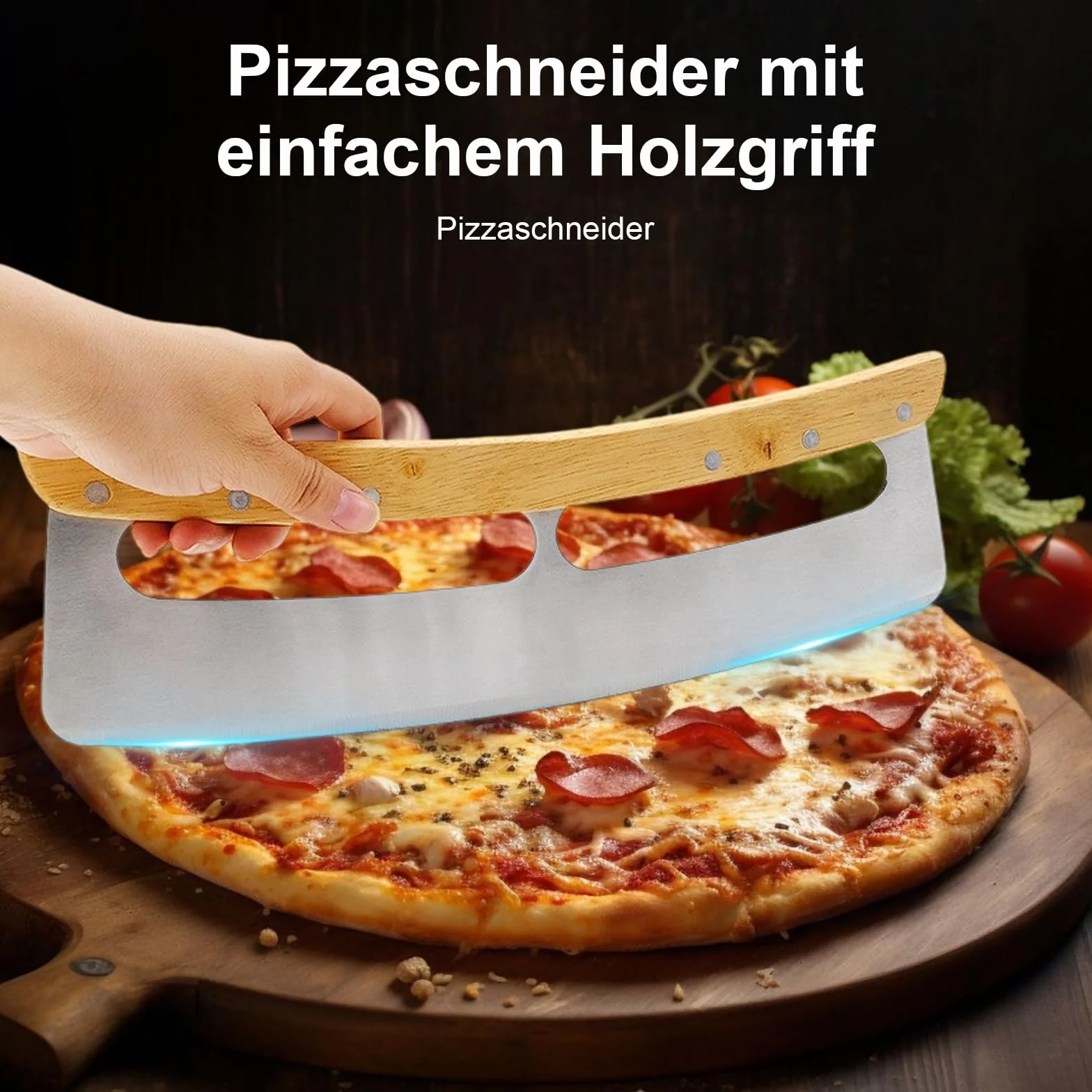 Nóż do pizzy ze stali nierdzewnej 32 cm, duży nóż kołyskowy z drewnianą rączką
