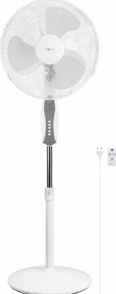 goobay 59509 cichy wentylator stojący Ø 40 cm (16 cali) z pilotem zdalnego sterowania – z funkcją obrotu – silnik elektryczny 45 W z 3 poziomami mocy i 2 funkcjami interwałowymi – bardzo cicha praca, biały
