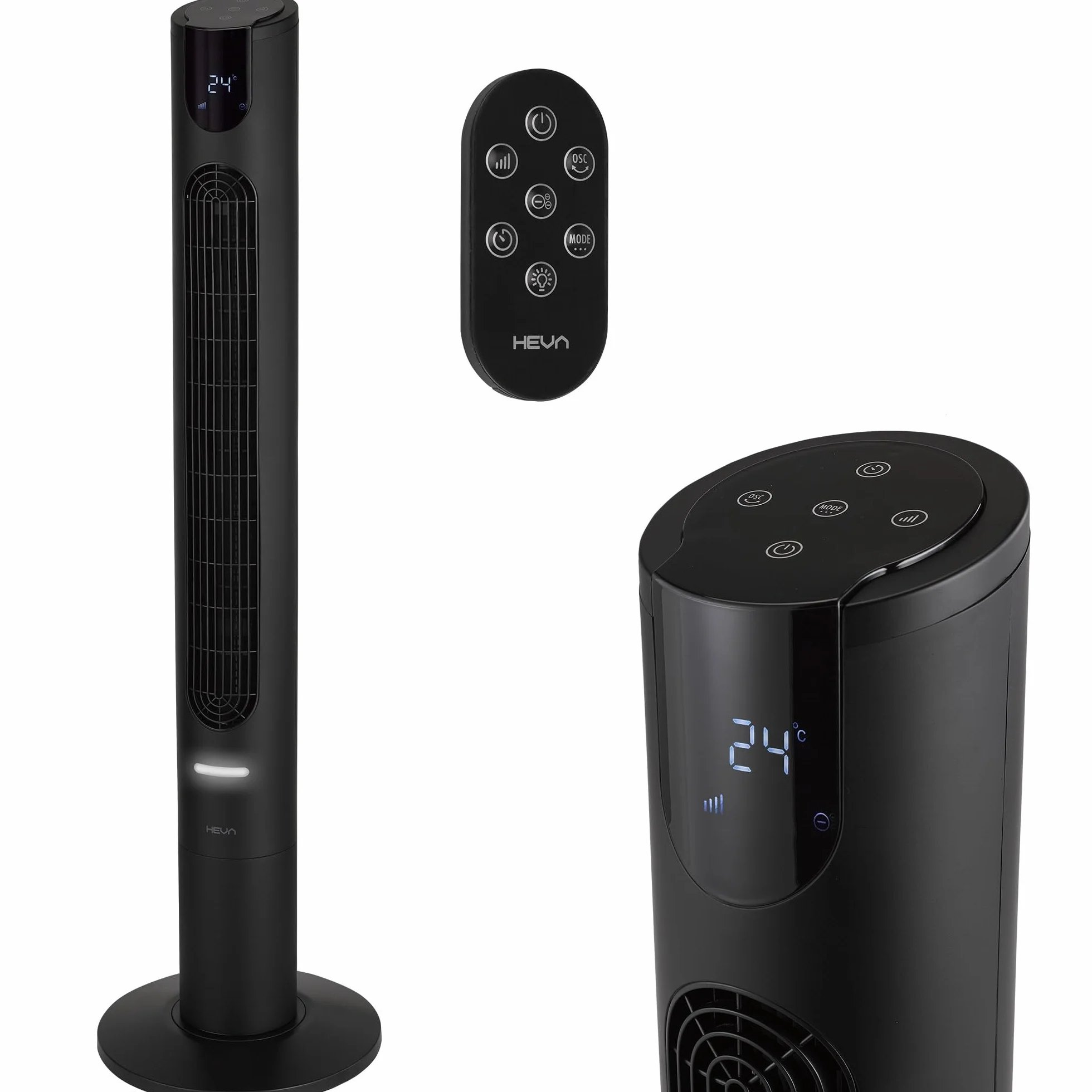 HEVA TAVO Wentylator kolumnowy z jonizacją 115 cm, pilot, timer 12 h, oscylacja 70°, LED, 3 tryby, 3 prędkości, czarny