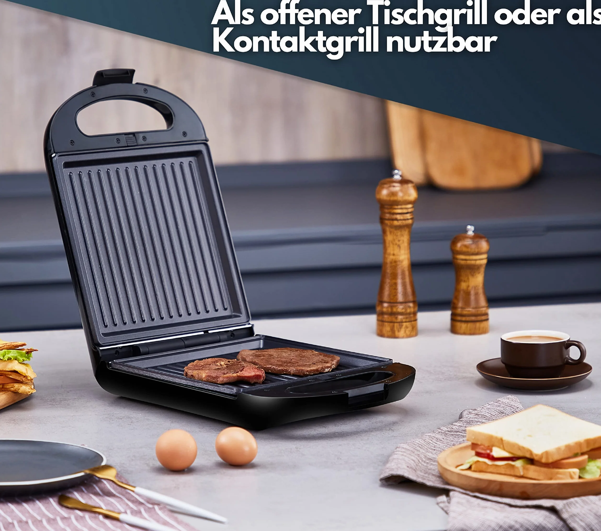 Steinborg 3 w 1 Opiekacz do Kanapek XXL | 3 Wymienne Płyty | 1200 W | Grill Kontaktowy Wielofunkcyjny | Gofrownica | Elektryczny 4-Częściowy, Srebrny/Czarny