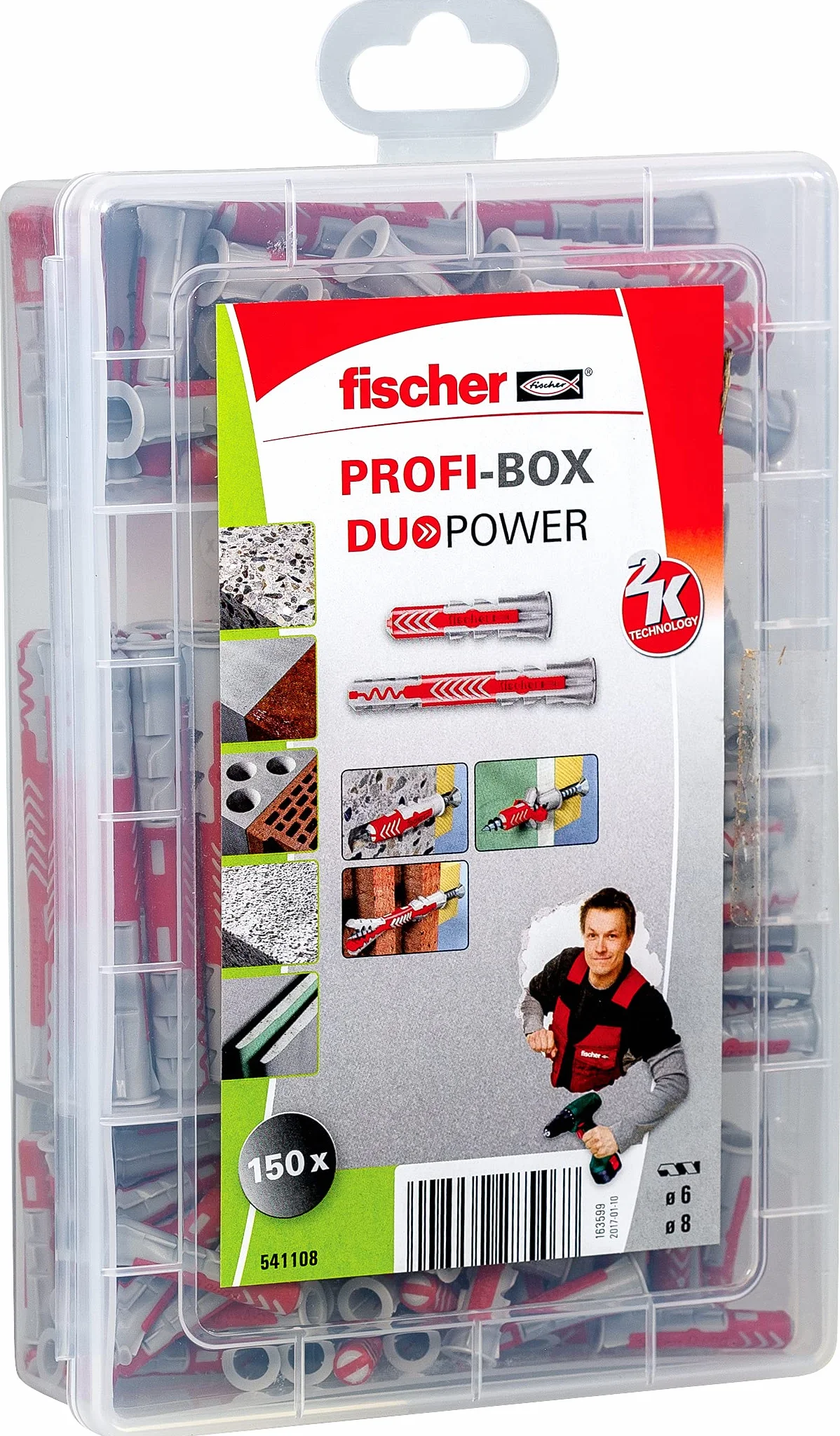 fischer Profesjonalne pudełko DuoPower krótkie/długie, pudełko z kołkami rozporowymi z 150 elementami (60 szt. 6 x 30, 40 szt. 8 x 40, 30 szt. 6 x 50, 20 szt. 8 x 65), uniwersalne kołki, praktyczna