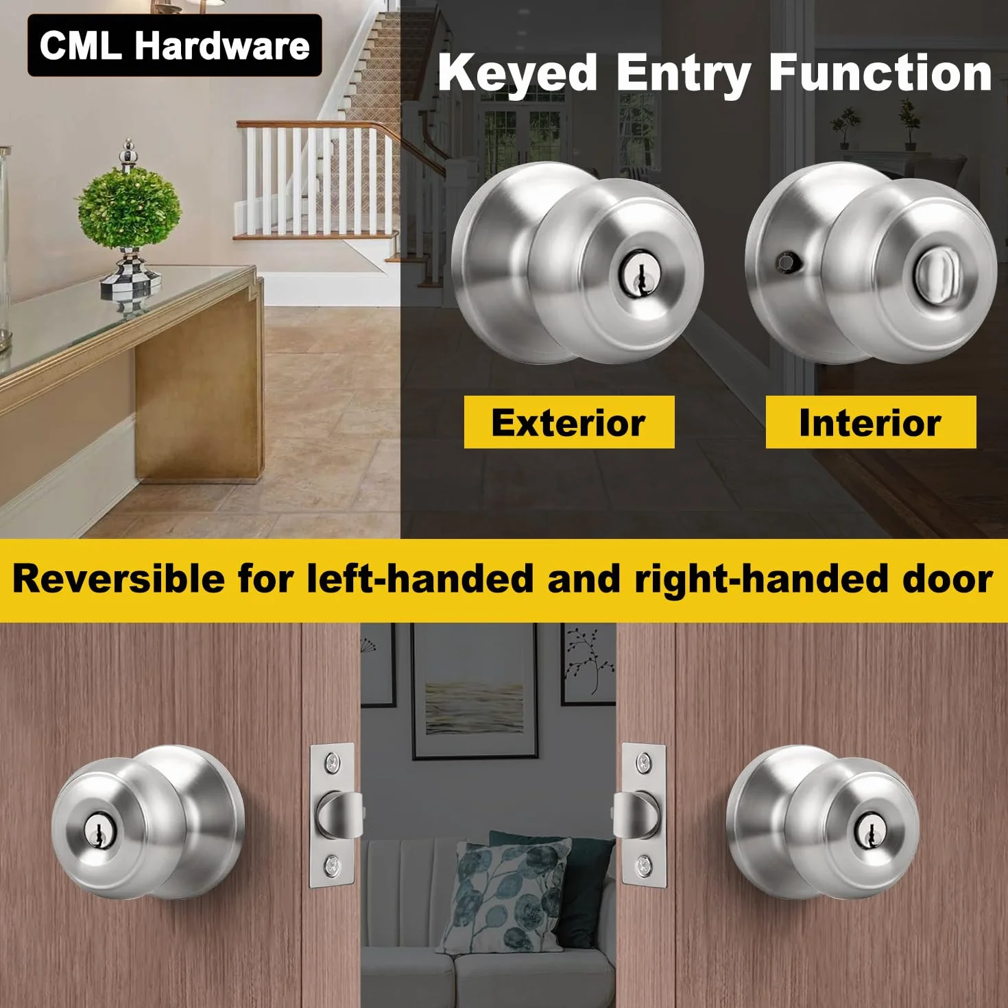 CML Hardware zestaw gałek drzwiowych wejściowych na klucz, zamek drzwiowy ze stali nierdzewnej do drzwi zewnętrznych i wewnętrznych, okrągła gałka, 1 sztuka
