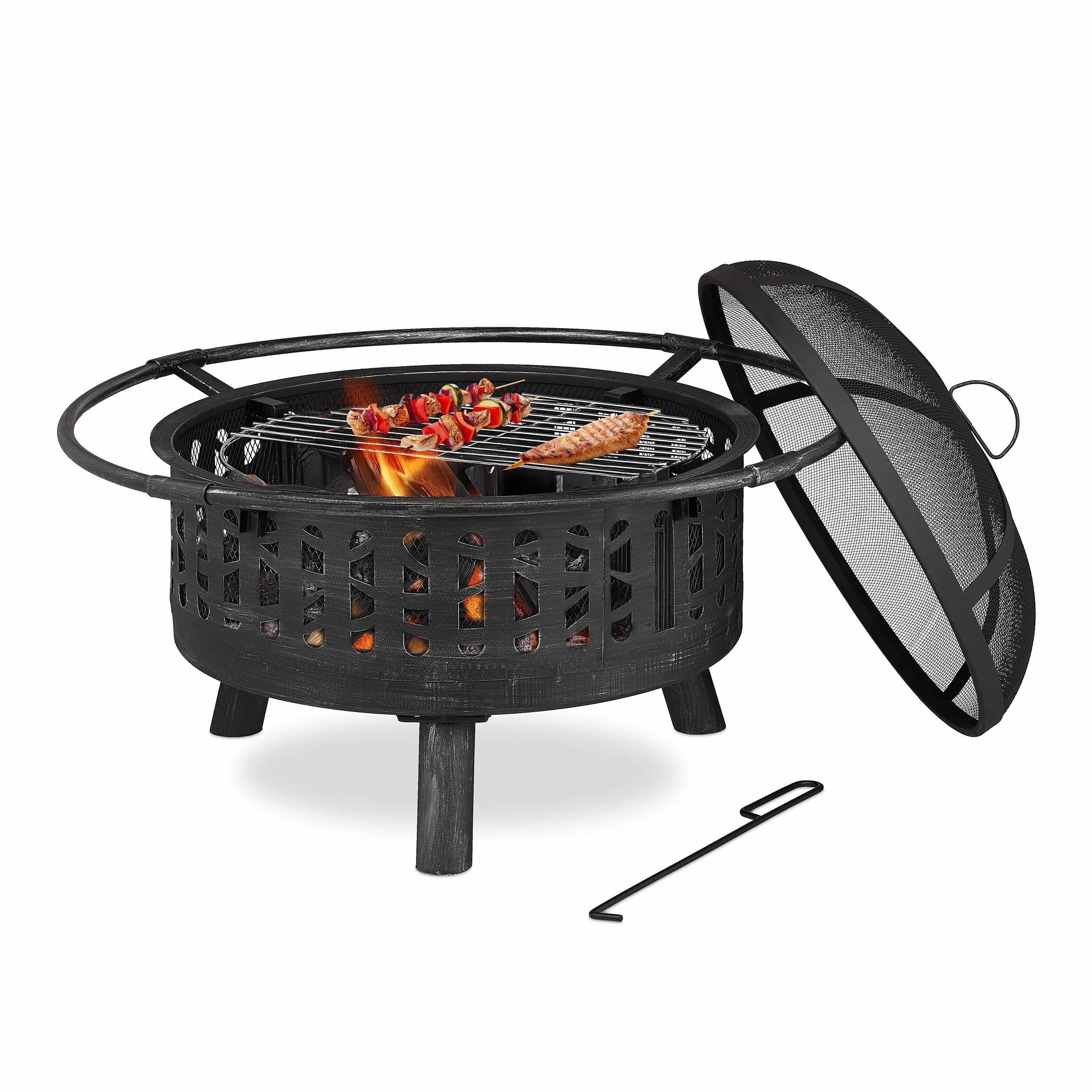 Relaxdays Palenisko z rusztem do grillowania i ochroną przed iskrami, pogrzebacz, ruszt węglowy, Ø 75 cm, palenisko ogrodowe, czarne/srebrne