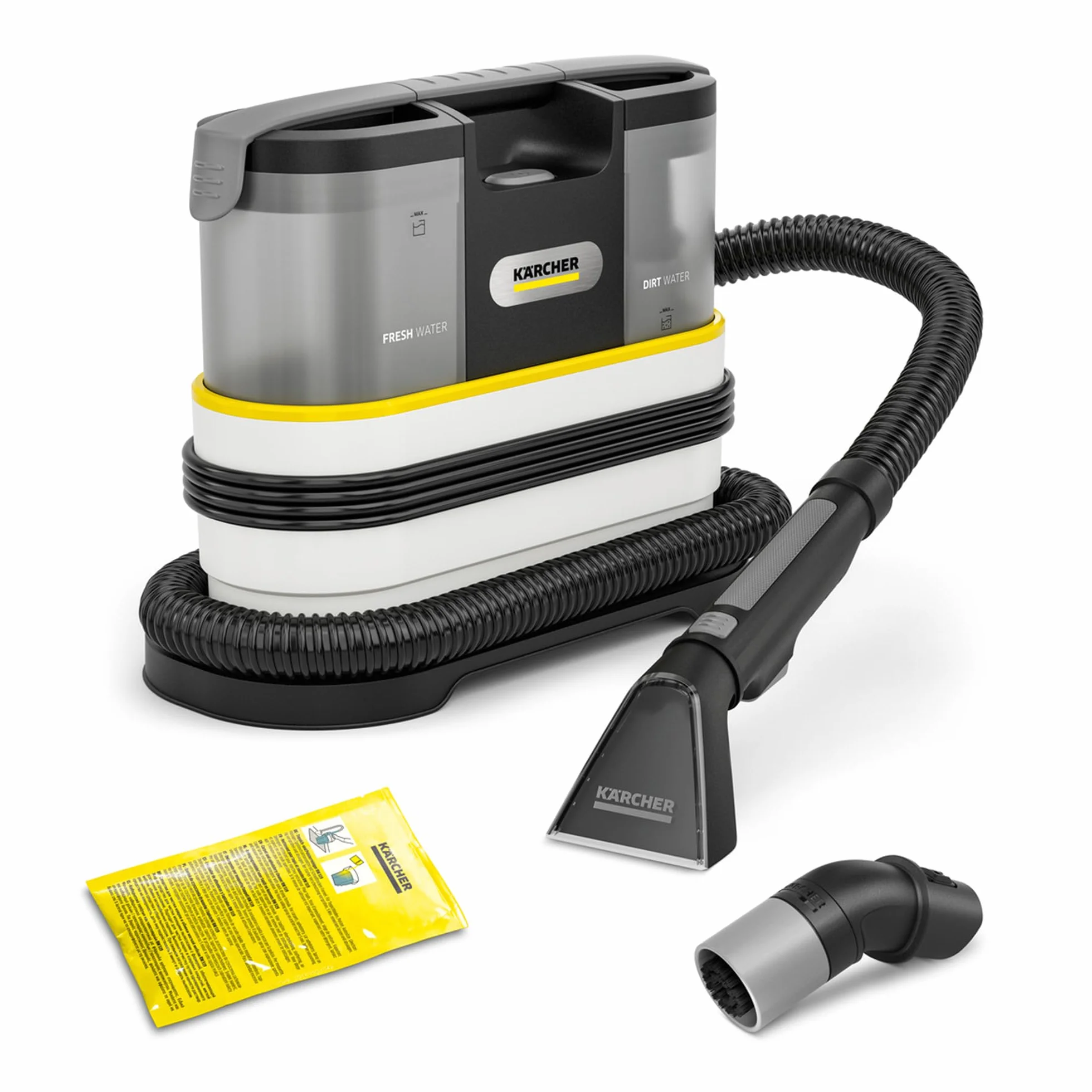 Kärcher odkurzacz piorący SE 2 Spot Care, moc pobierana: 450 W, zbiornik na czystą wodę: 1,5 l, powierzchnia: 2,89 m², waga: 4,2 kg, dysza z podkładką piorącą, dysza do plam i środek czyszczący RM 519
