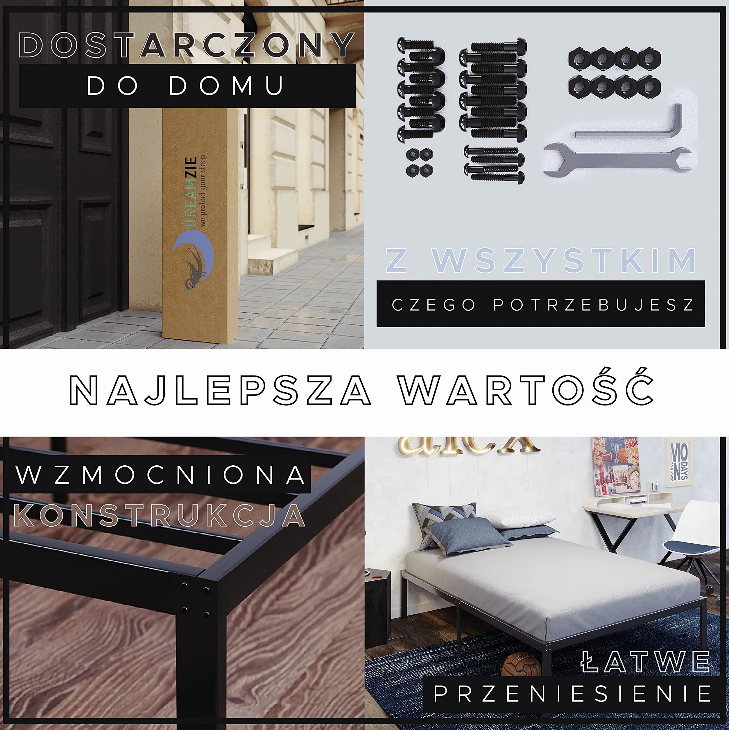 Dreamzie metalowe łóżko – Dla Materaca 90x200 cm - łóżko do materaca, podwójne, wytrzymałe, łatwy montaż, obszerne miejsce do przechowywania – czarny stelaż