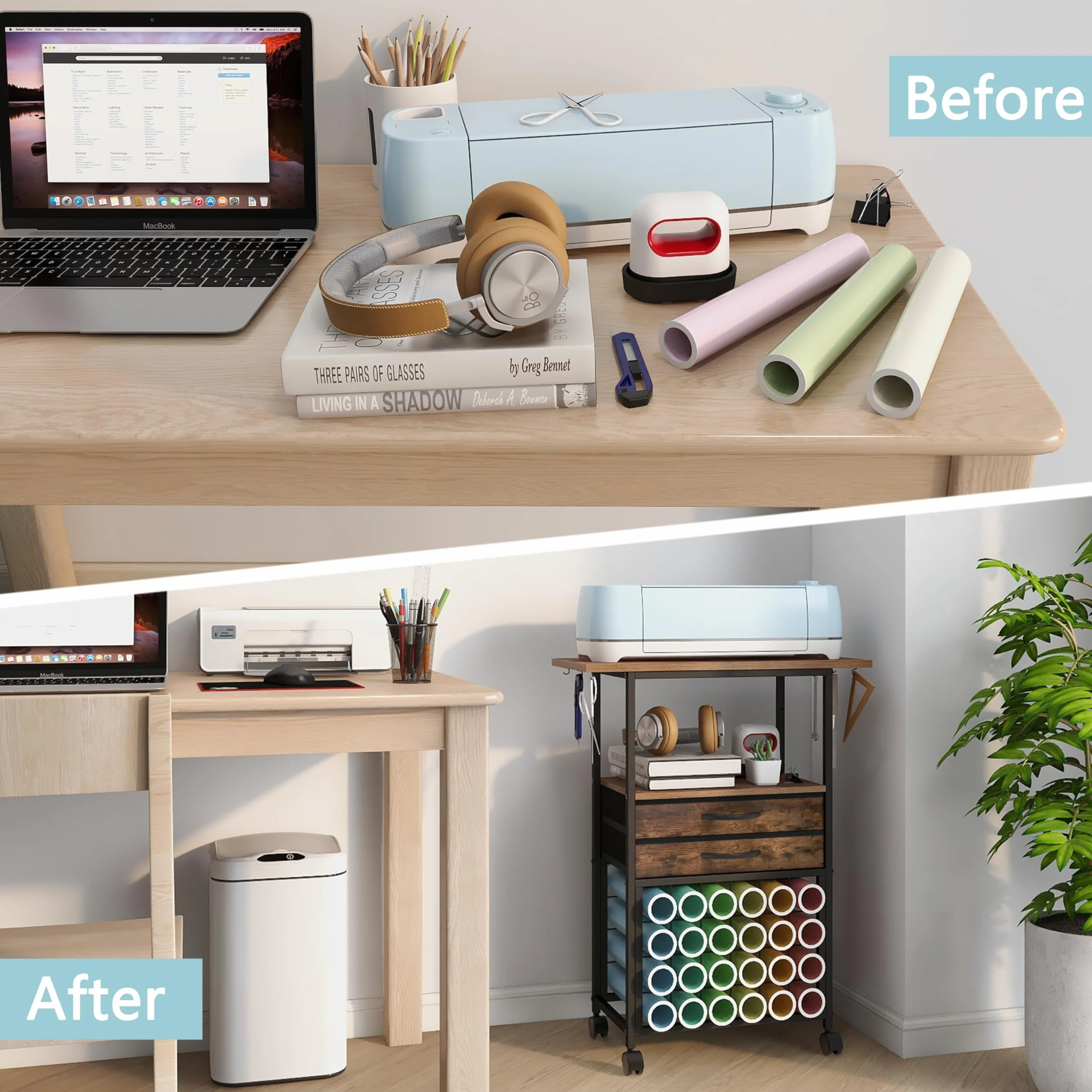 Trironsun Organisation Craft Cart kompatybilny z maszynami Cricut, zwijany organizer rzemieślniczy, 24 uchwyty na rolki winylowe, 2 szuflady materiałowe, do majsterkowania, pokoju rzemieślniczego