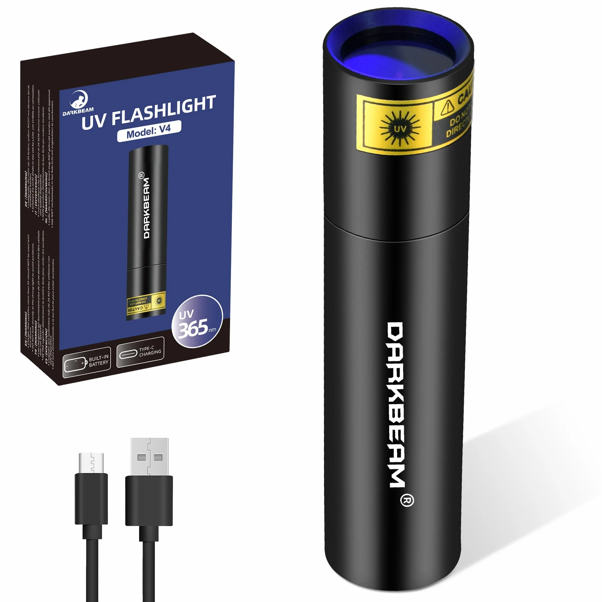 DARKBEAM Latarka UV 395nm Blacklight, Mini Potężna Lampa Leśna USB-C Akumulator, Latarki LED Ultrafioletowe Wykrywacz moczu zwierząt domowych do skał, szkła uranowego, utwardzania żywicy