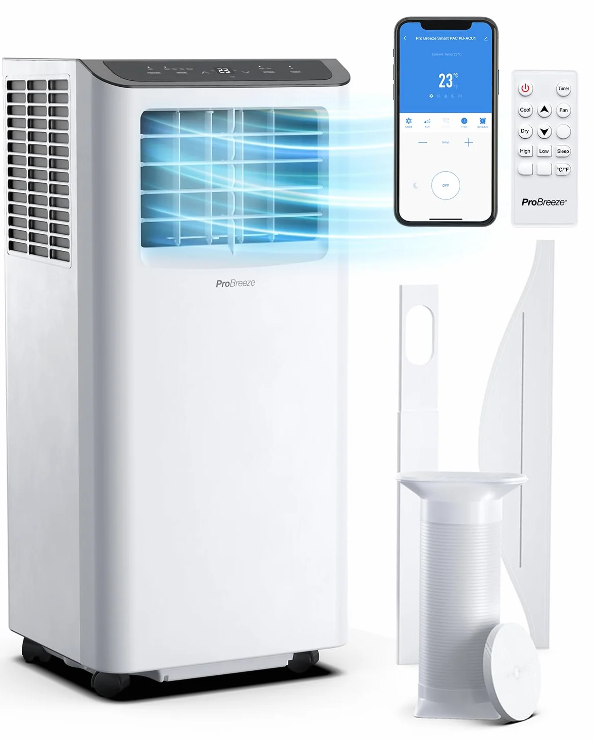 Przenośny klimatyzator Pro Breeze z wężem i pilotem, 4 w 1 - osuszacz powietrza, 2 poziomy prędkości, tryb nocny, 24-godzinny timer, wyświetlacz LED, z zestawem uszczelek okiennych, 9000 BTU