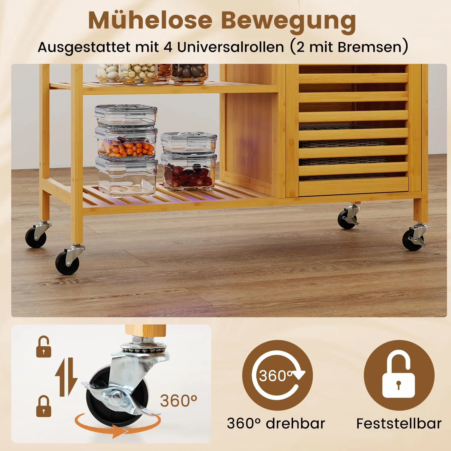COSTWAY Wózek kuchenny z drewna bambusowego, szafka kuchenna na kółkach, wózek do serwowania z szufladą, 3 półki, wieszak na ręczniki i 1 szafka z drzwiami listwowymi, wózek do kuchni jadalni, 91 x 44