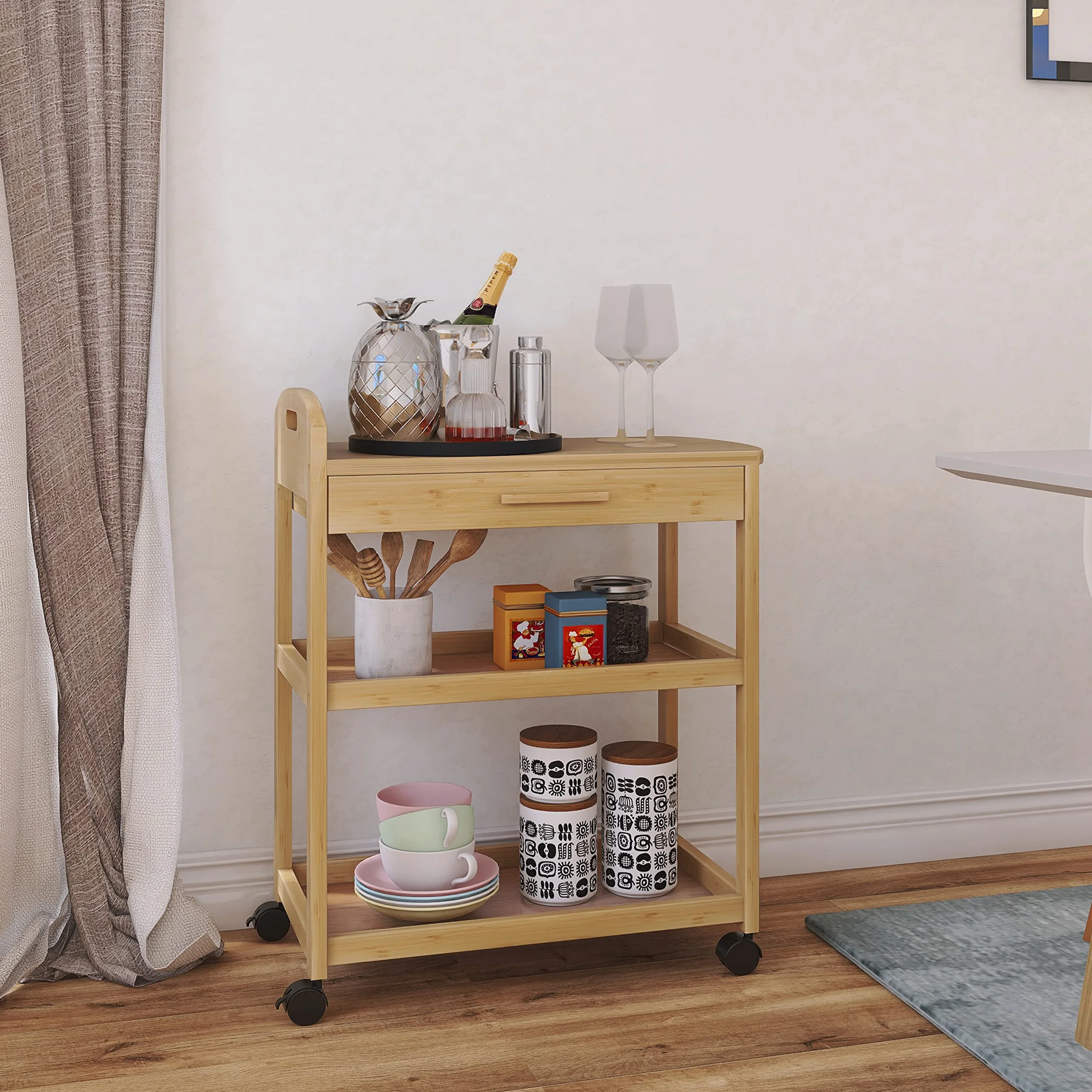 SMIBUY Kitchen Island wózek na kółkach, z szufladą do przechowywania i półkami, bambusowy, 3-poziomowy, z blatem z litego drewna i zamykanymi kółkami (naturalny)