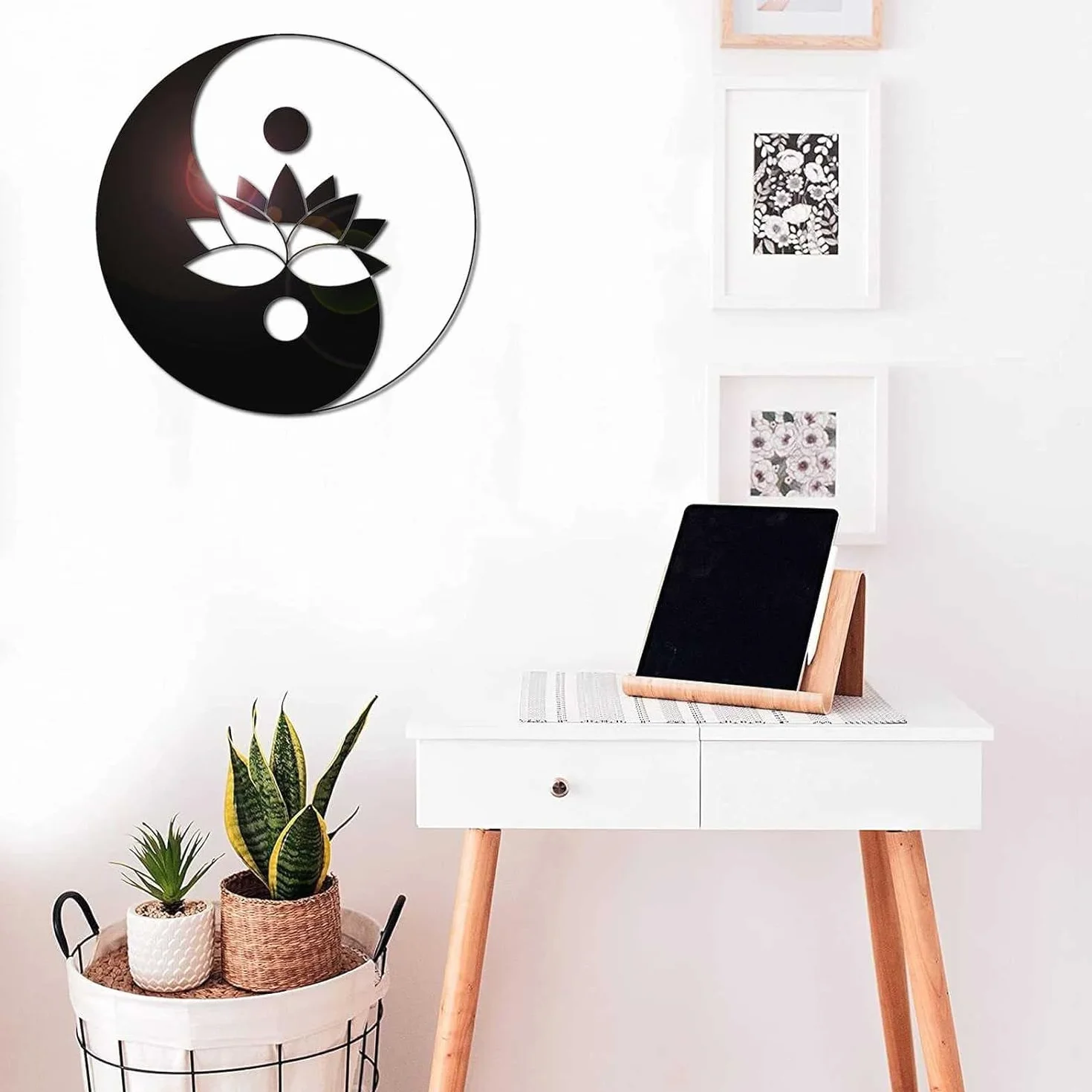 Dekoracja ścienna, metalowa sztuka ścienna, dekoracja ścienna z symbolem kwiatu lotosu Yin Yang, sztuka medytacji zen 3D sylwetka ścienna, do dekoracji ściennej domu (23,6 cala/60 cm)(23.6IN/60CM)