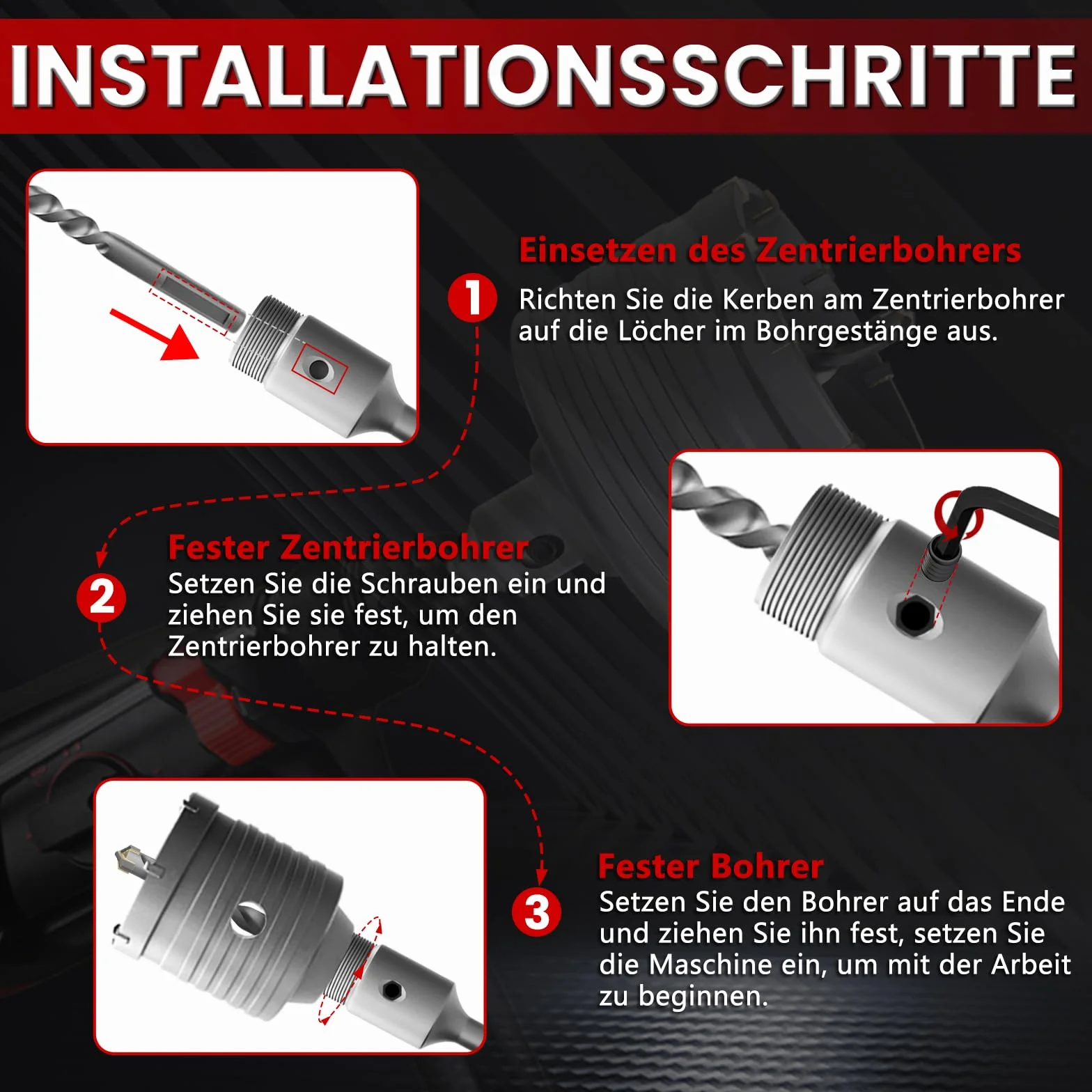 CSOOM otwornica do betonu 55 mm z przedłużeniem SDS-Plus 110 mm, zestaw otwornic do betonu, 4 wiertła centrujące 8 x 110 mm, końcówka z twardego metalu, 2 x wiertło centrujące