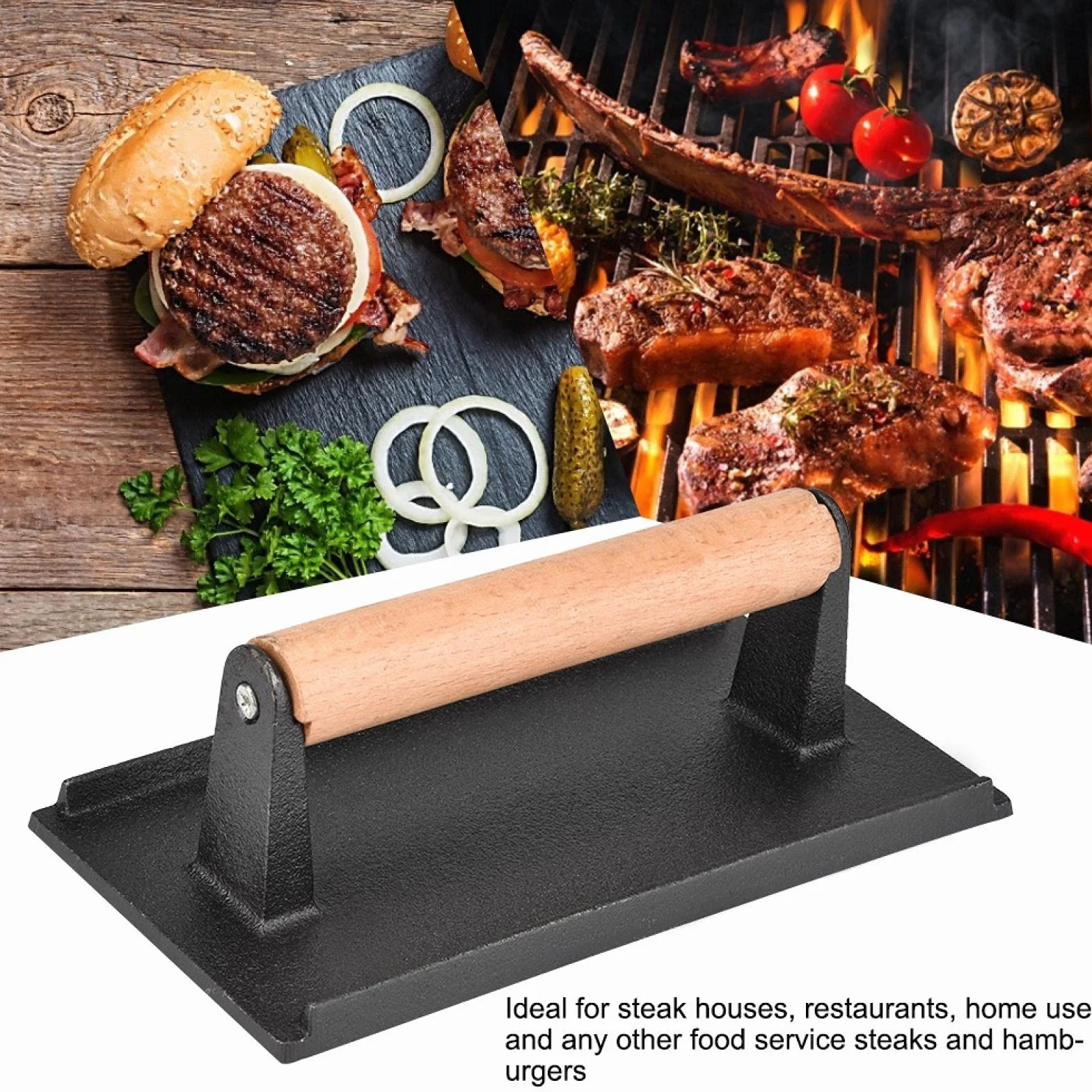 Żeliwna Prasa do Bekonu i Hamburgerów z Drewnianą Rączką - Komercyjna Waga Steków, Sera i Mięsa - Grill do Patelni