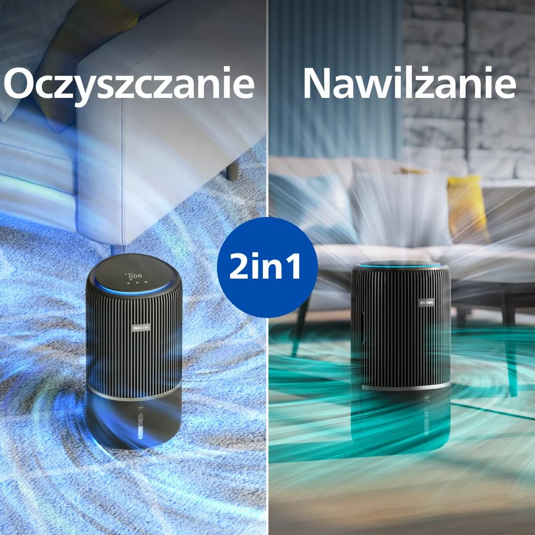 Philips Oczyszczacz i nawilżacz powietrza 2 w 1 z serii 3400, HEPA NanoProtect + filtr z aktywnym węglem, higieniczne nawilżanie 650 ml/h, CADR 300 m³/h dla 78 m² (AC3421/13)