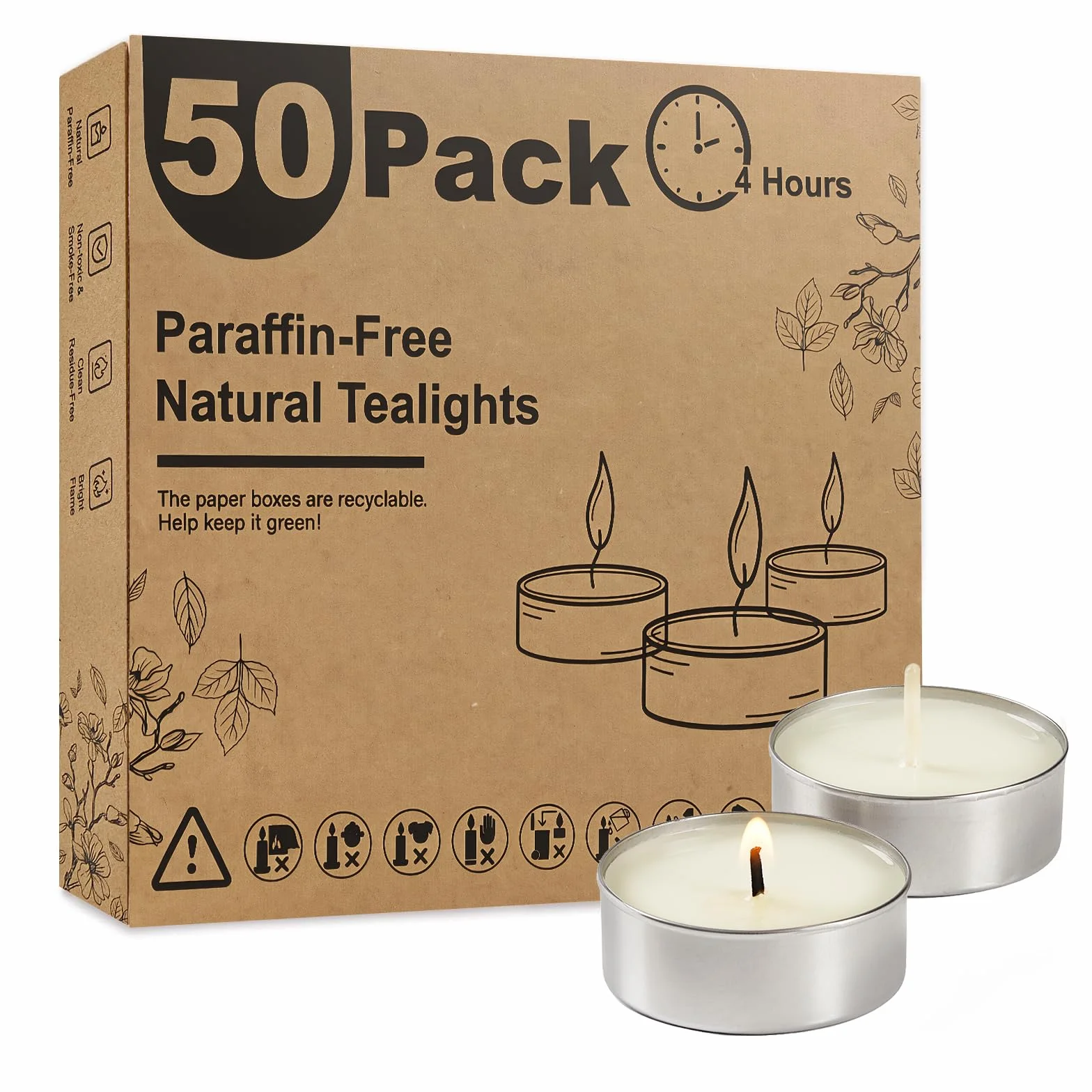 Ashlux Bezzapachowe świece palmowe tealight, 50 sztuk, 4,5 godziny palenia, białe bezdymne świeczki bez parafiny, do dekoracji stołu, ślubów i imprez