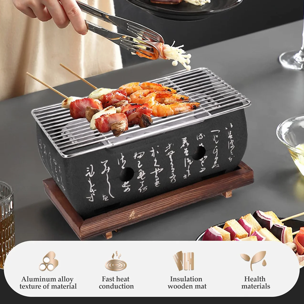 Japoński piec do grillowania, grill BBQ, 24 x 12,5 x 11,5 cm, mini grill stołowy z blachą do pieczenia, kratką drucianą i podstawą drewnianą, przenośny grill na piec, japoński piec na węgiel drzewny