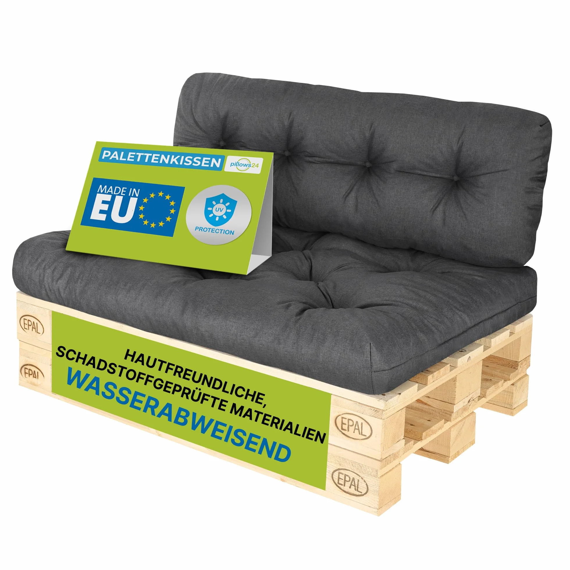 Zestaw 2 poduszek na palety | Pikowane siedzisko i oparcie do mebli z europalet | Do ogrodu i wnętrz | Wodoodpychająca tkanina z ochroną UV | Wyprodukowane w Polsce | Grafit