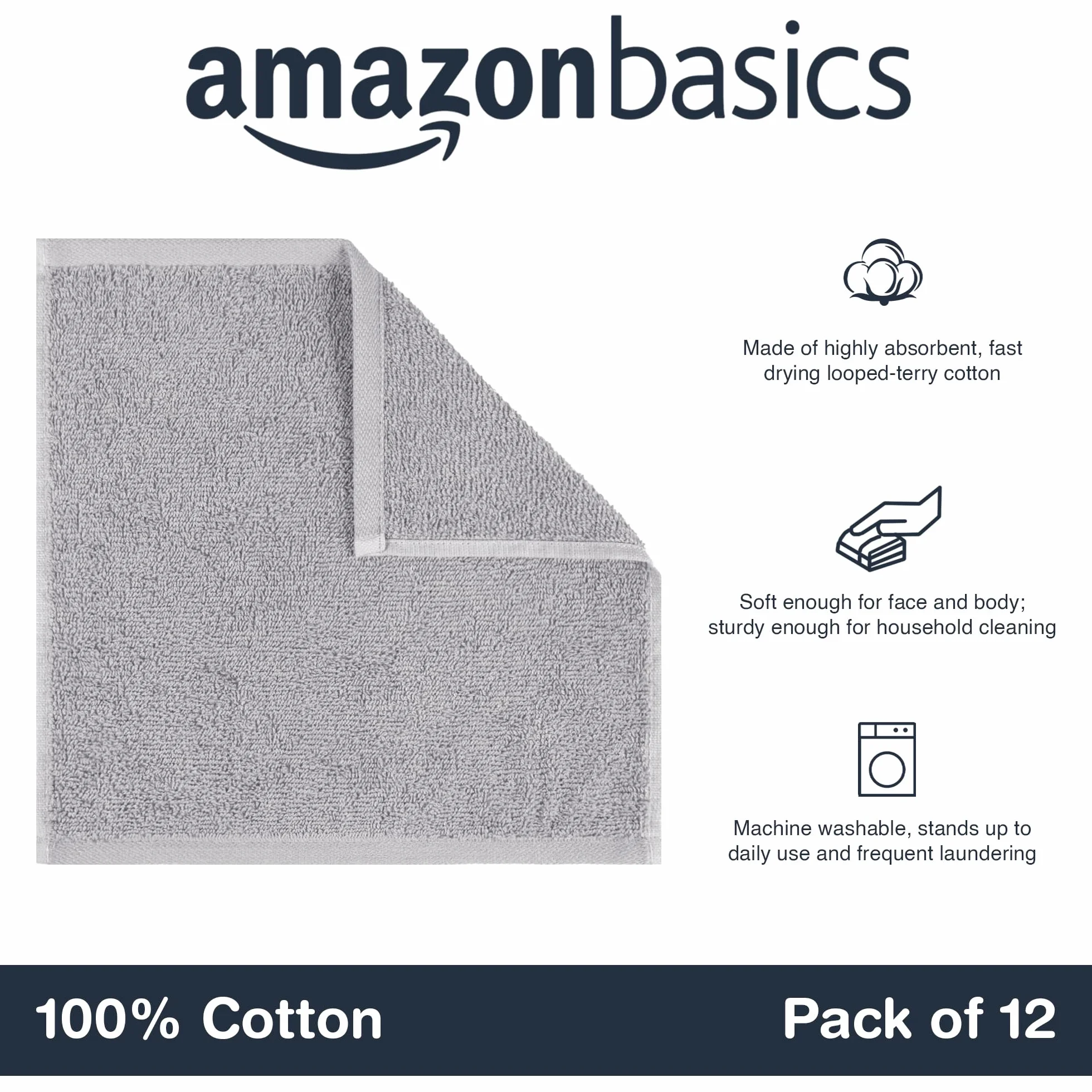 Amazonbasics Ścierki, Bawełna, Szary, 12 Sztuk