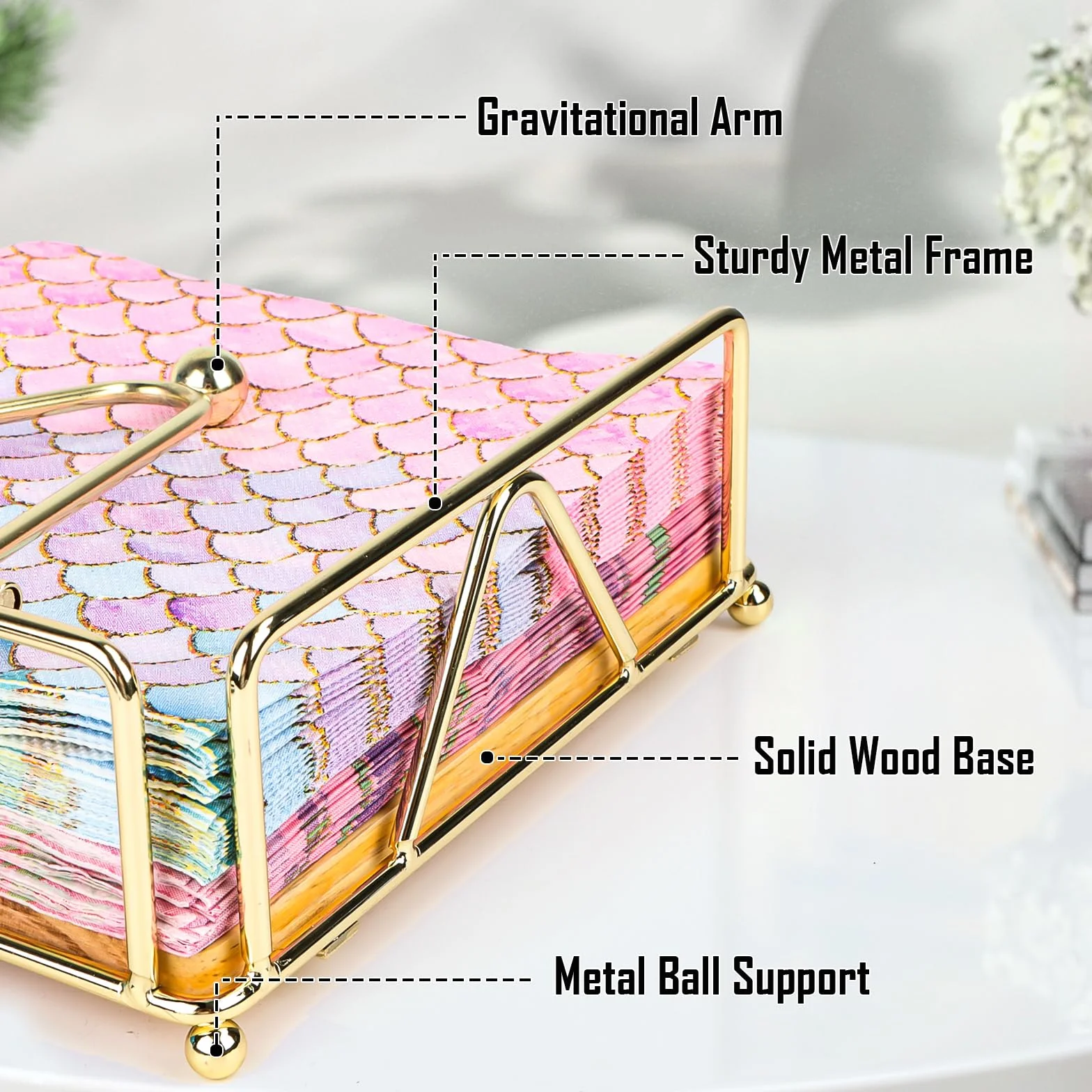 Metalowy uchwyt na serwetki z obciążeniem złoty 18x18x6,8 cm stojak na serwetki