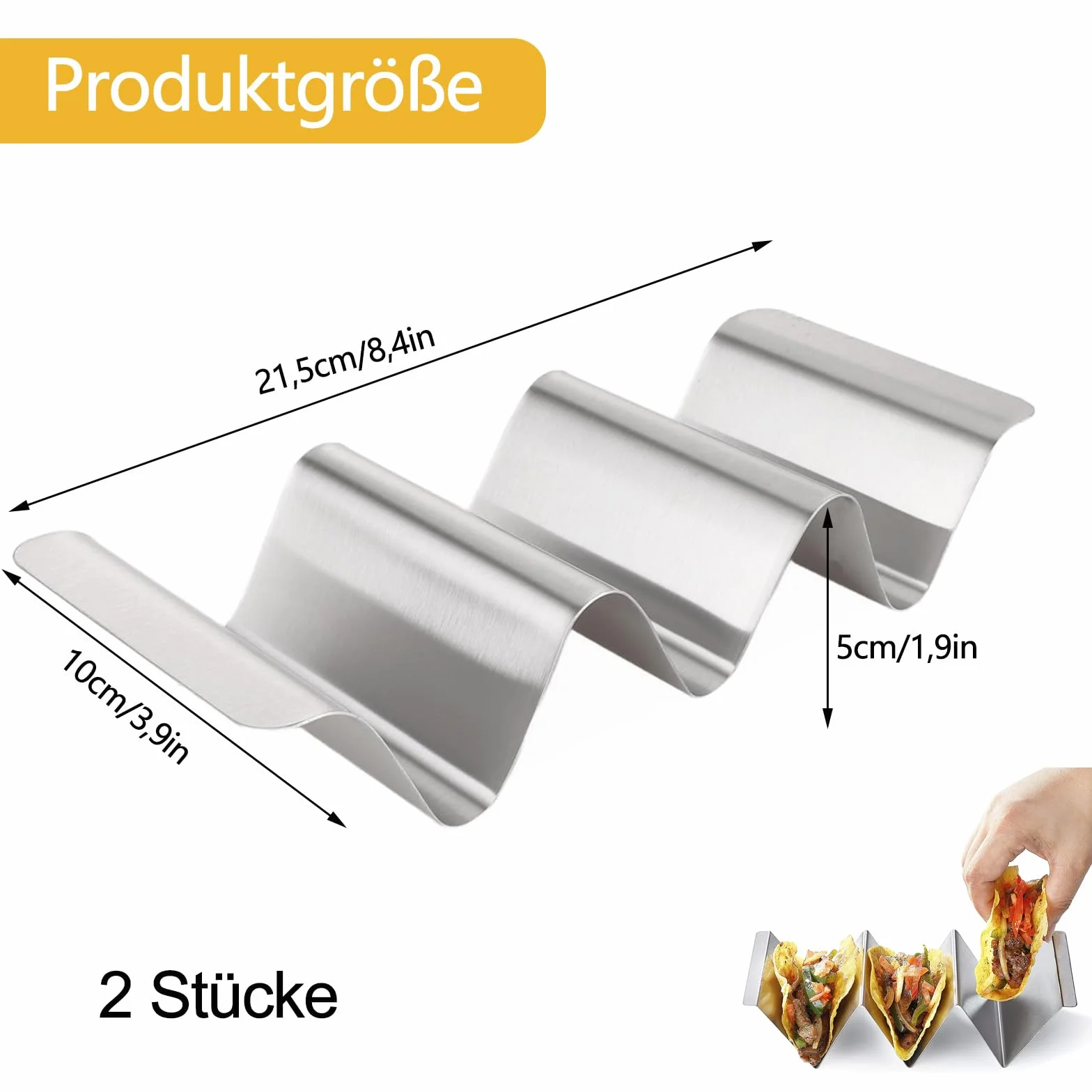 2 uchwyty taco ze stali nierdzewnej, stojak do taco w kształcie fali, nadaje się do mycia w zmywarce, uchwyt na hotdog, z uchwytami, do tacos, kanapek i hot dogów, srebrny
