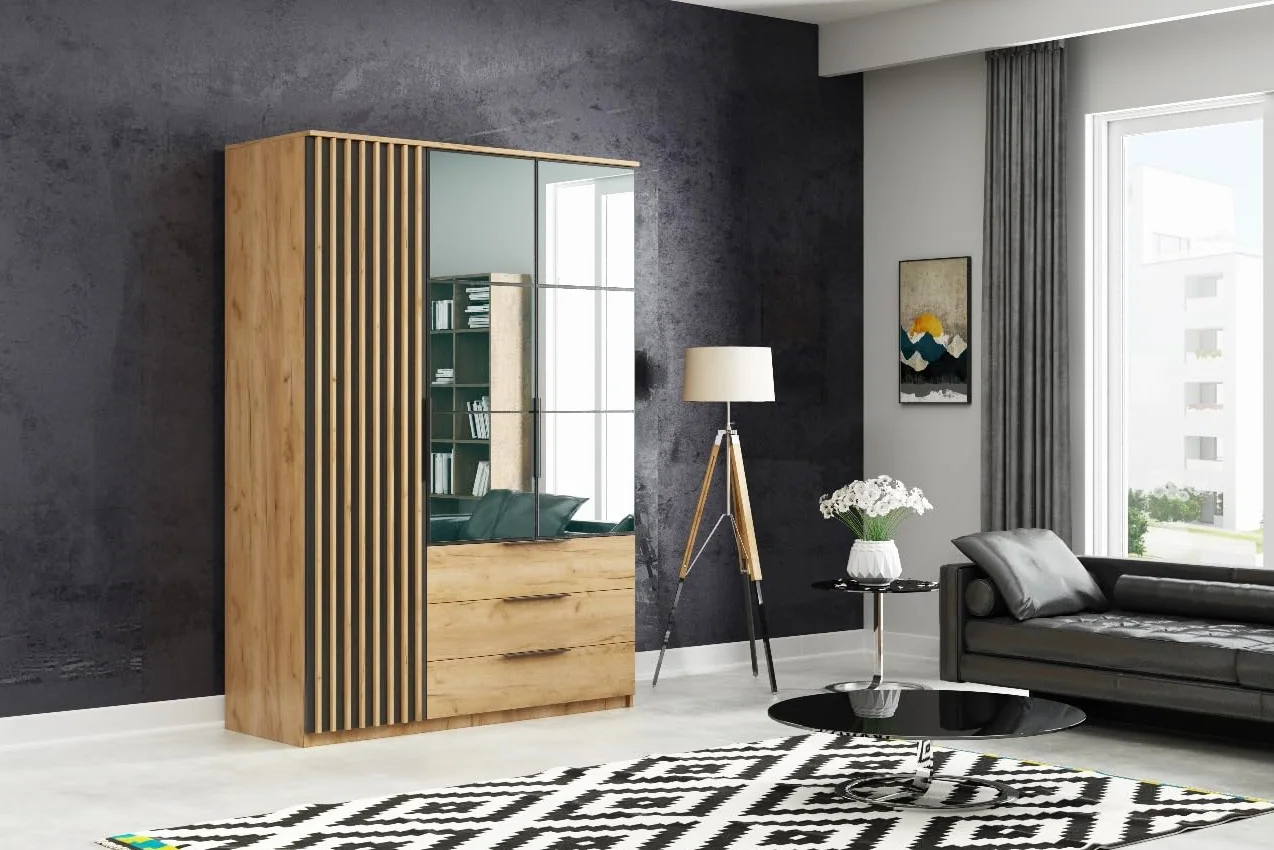 B&M Furniture Szafa z drzwiami uchylnymi, szufladami i lustrem - z półkami i drążkiem na ubrania - do garderoby, przedpokoju, sypialni Dąb artisan + czerń - 150 cm, wysokość 215 cm