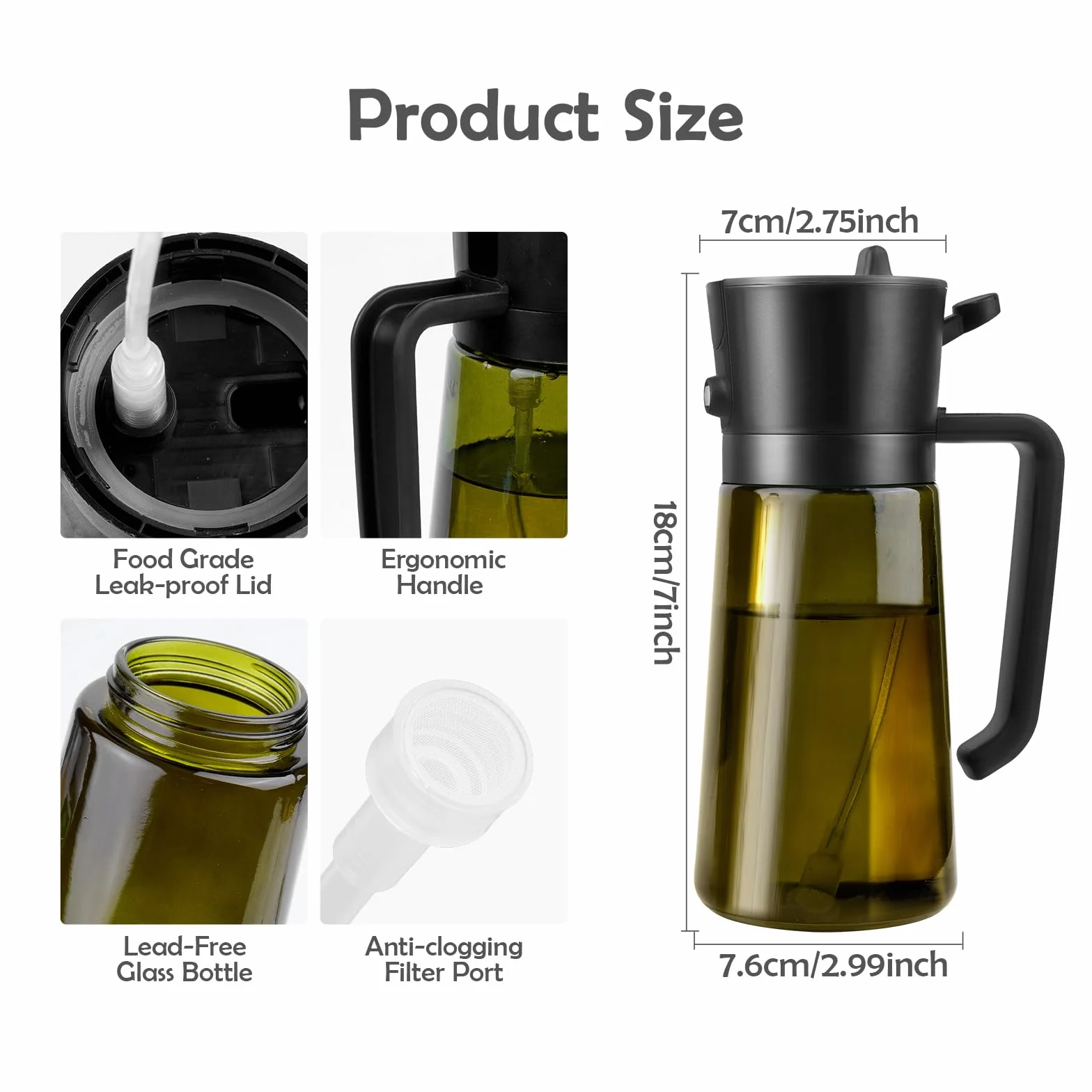 Butelka z Rozpylaczem Oliwy 2 w 1, Dozownik Oliwy z Ochroną UV 470ml, Szklany Rozpylacz z Silikonową Szczotką