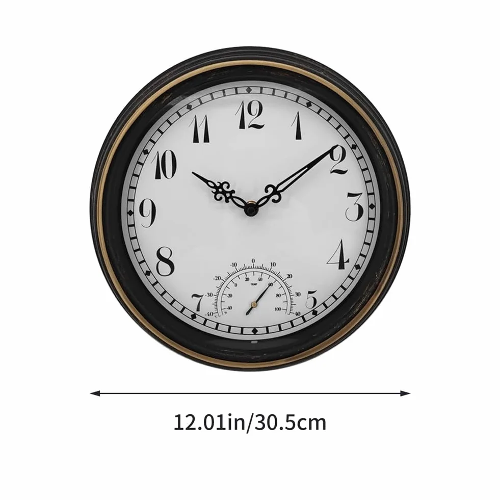 Zewnętrzny wodoodporny zegar ścienny z termometrem IP44 vintage okrągły zegar dekoracyjny ogrodowy 30 cm zegar zewnętrzny