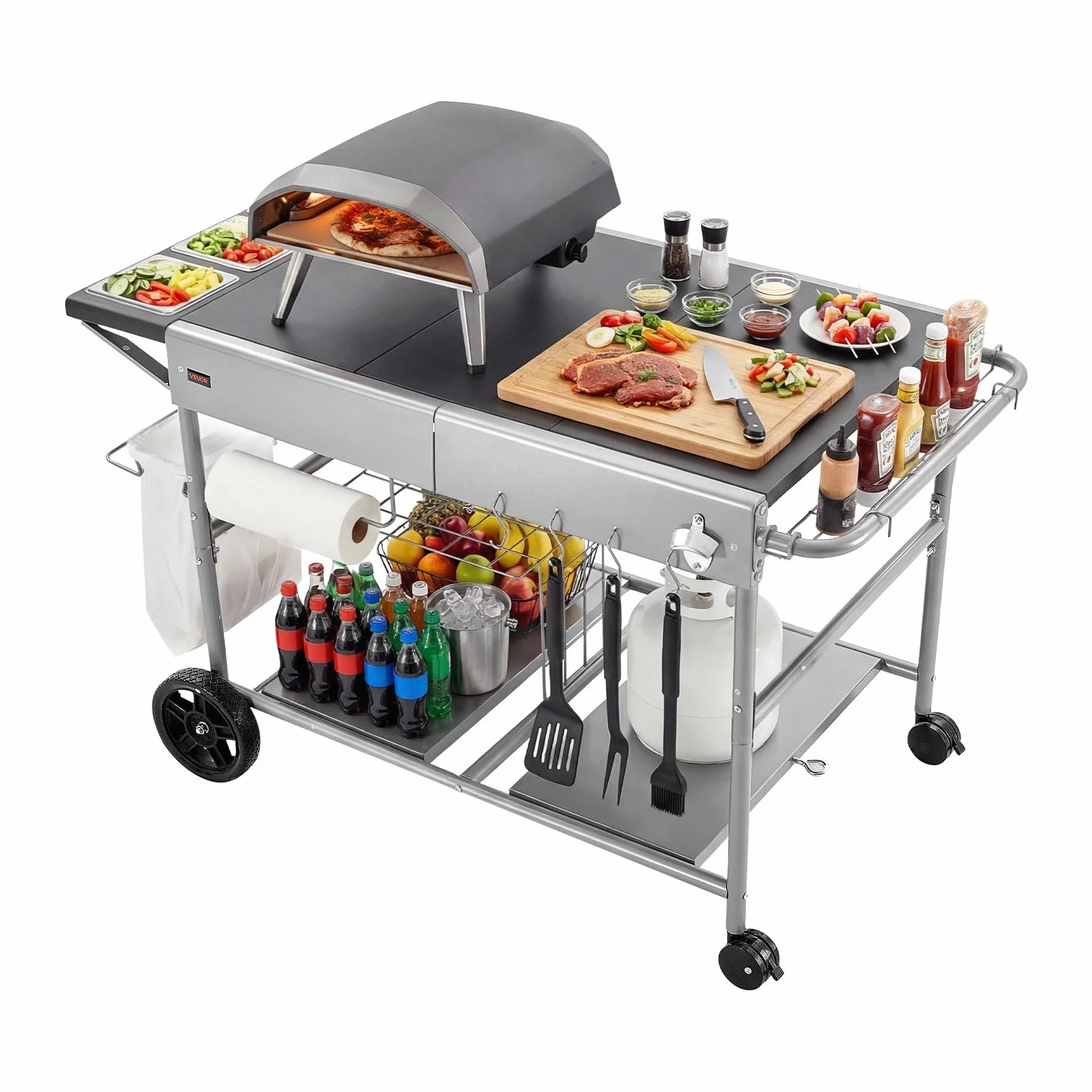 VEVOR Wózek do grillowania na zewnątrz, 925 x 595 x 25 mm (rozmiar blatu stołu), zwijany stół do grillowania z 4 pojemnikami na przyprawy, kółkami, pokrywkami i haczykami, wózek do serwowania na