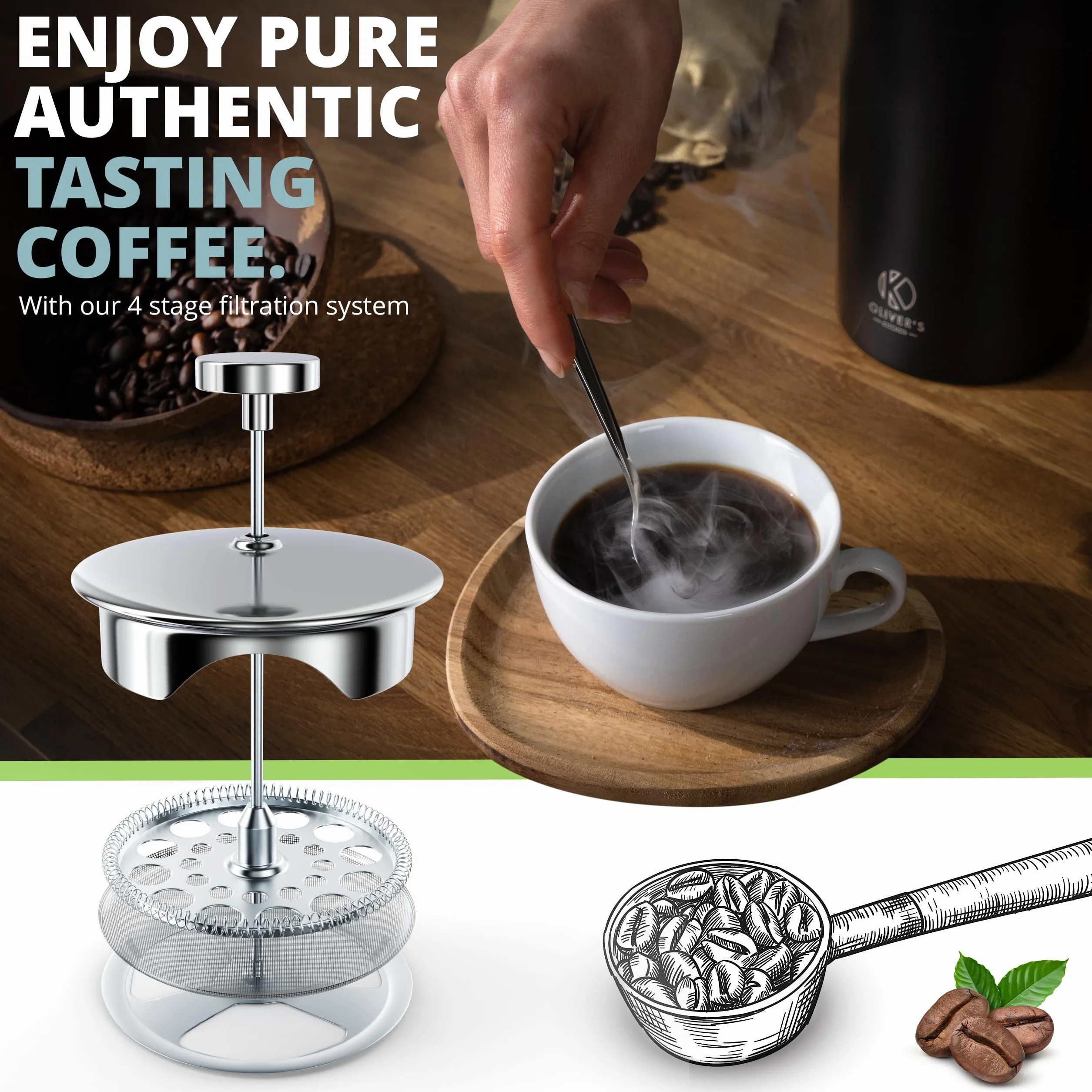 Oliver's Kitchen® French Press 1 litr - Zaparzacz do Kawy Tłokowy z Podwójną Izolacją Termiczną