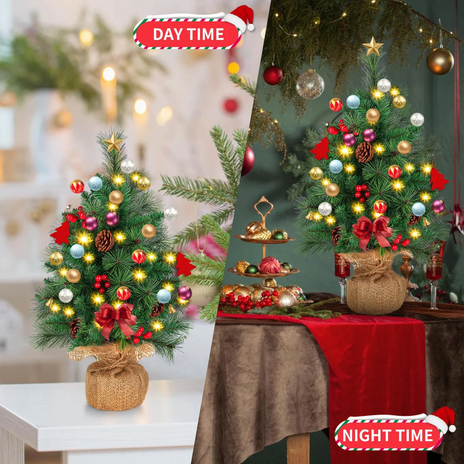 Choinka z oświetleniem, mała choinka: 55 cm, mini stół, choinka z oświetleniem LED 2 m, sztuczna dekoracja bożonarodzeniowa, zielona choinka na stół, do biura, na zewnątrz