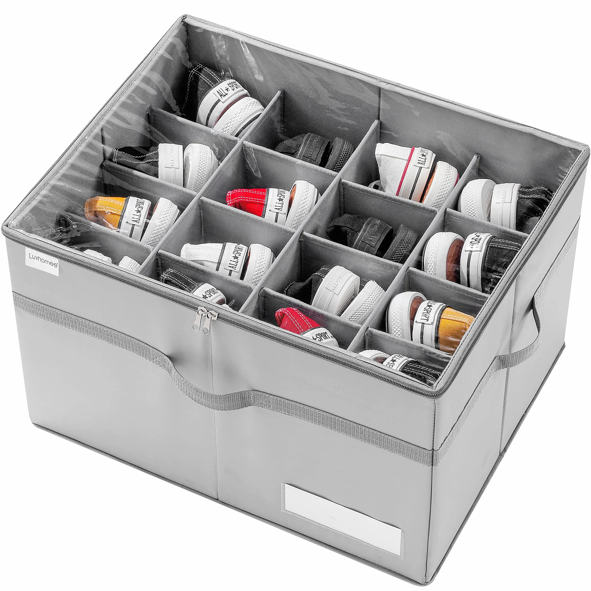 Shoe Organizer for Closet, Fits 16 Pairs, Large Shoe Box Storage Containers, Clear Foldable Shoe Storage Bins w/Bottom Support, Space Saving Shoes Holder w/Reinforced Handles, Gray