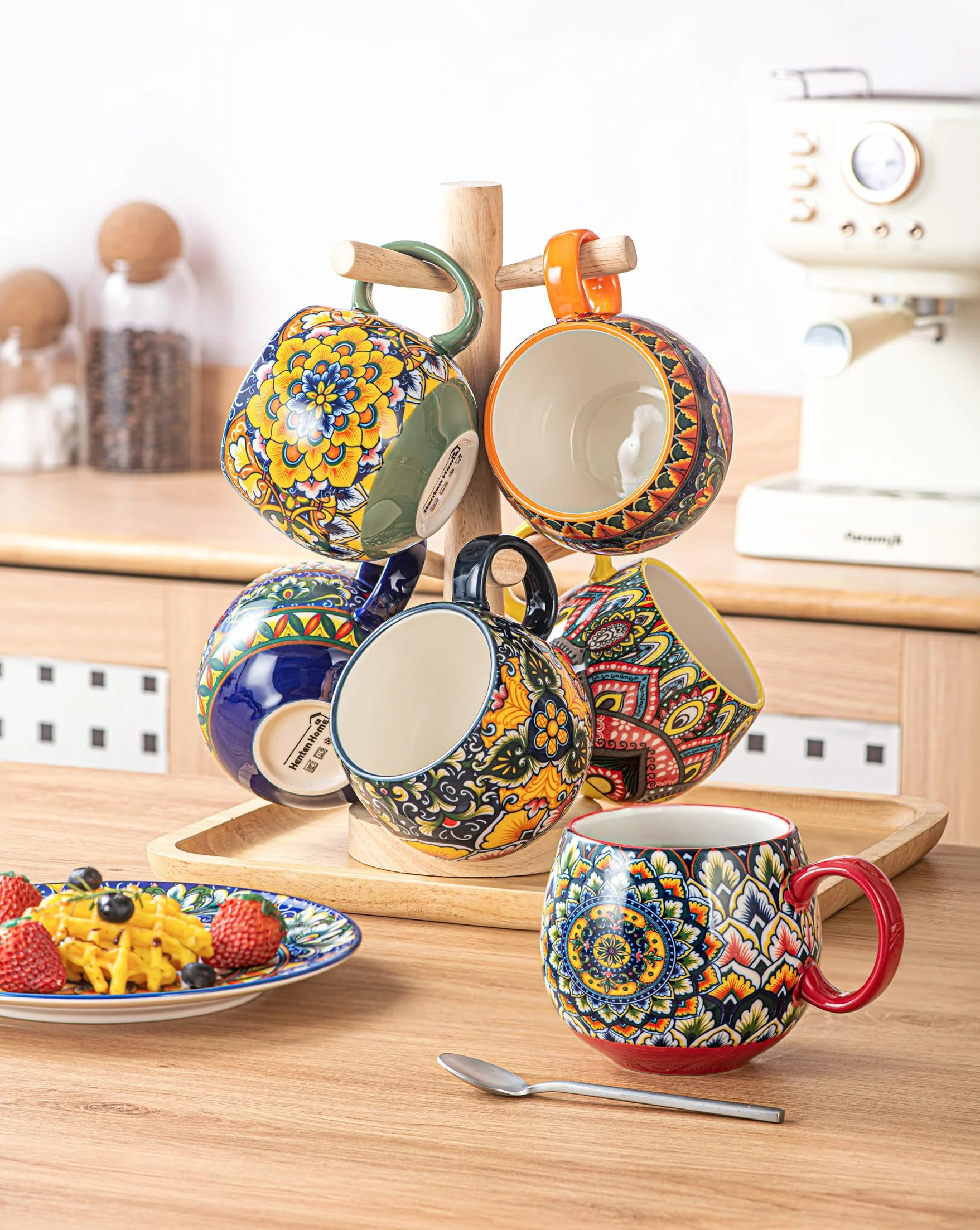 Zestaw kubków porcelanowych, ceramiczne filiżanki do cappuccino/kubki - 600ml, zastawa stołowa do 6 osób, zestaw filiżanek kawowych - styl bohemski