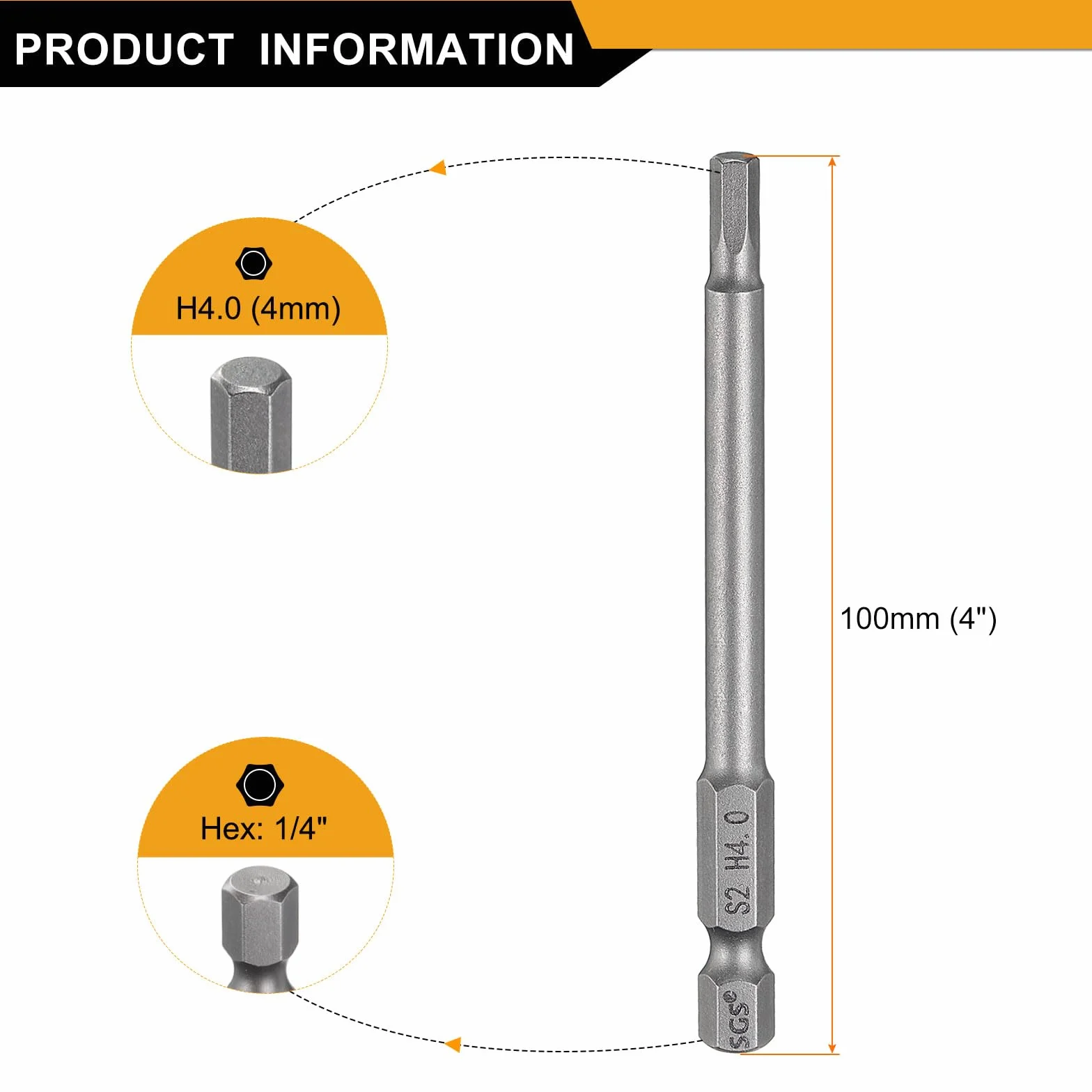 QUARKZMAN H4.0 sześciokątny klucz bitowy 4 mm metryczna płaska końcówka 1/4" trzpień sześciokątny 100 mm (4") długi magnetyczny klucz imbusowy