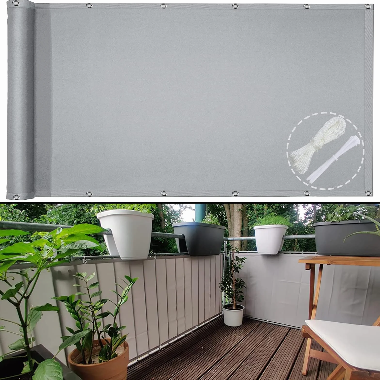 Osłona balkonowa 130 x 350 cm, osłona balkonowa, nieprzejrzysta, wodoodporna, odporna na wiatr i promieniowanie UV, do ogrodu, na balkon, taras, z opaskami kablowymi i linami, jasnoszara