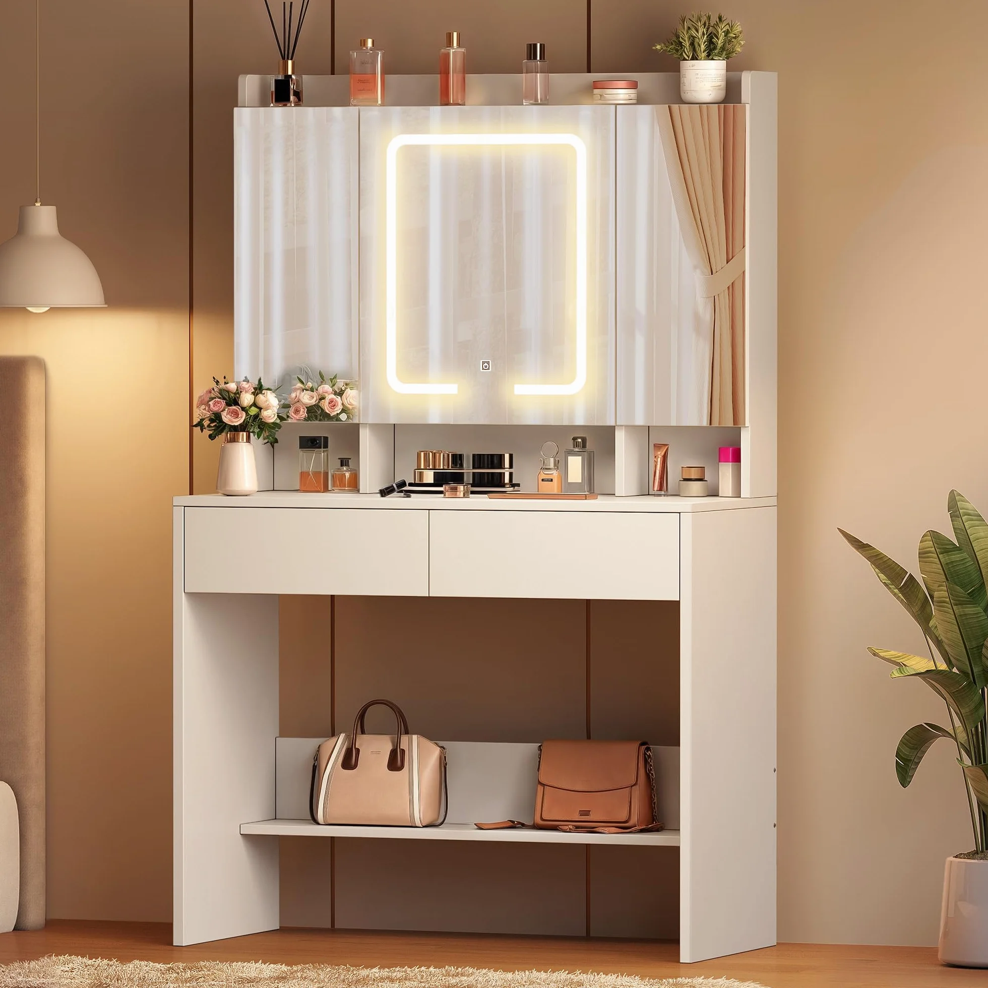 YITAHOME Toaletka z oświetleniem LED, toaletka z lustrem, 3 kolory z regulacją jasności, toaletka z lustrem, regulowane półki, 2 szuflady nowoczesna (biała)