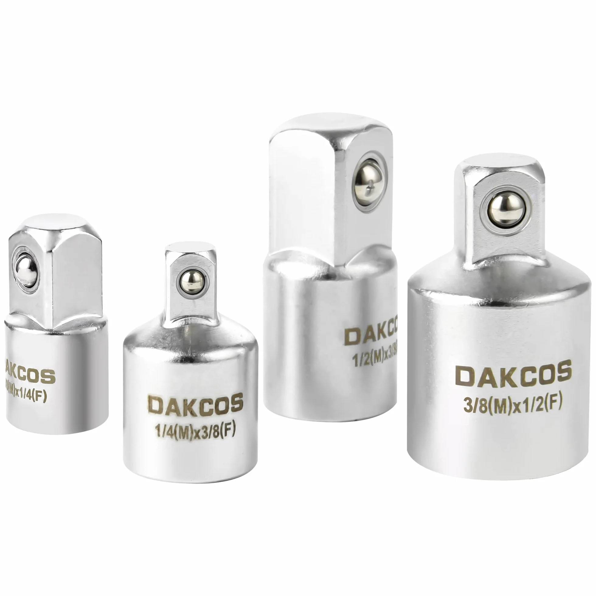 DAKCOS 4-częściowy zestaw adapterów nasadowych i reduktorów do konwersji napędu 1/4" - 3/8" - 1/2", stal chromowo-wanadowa