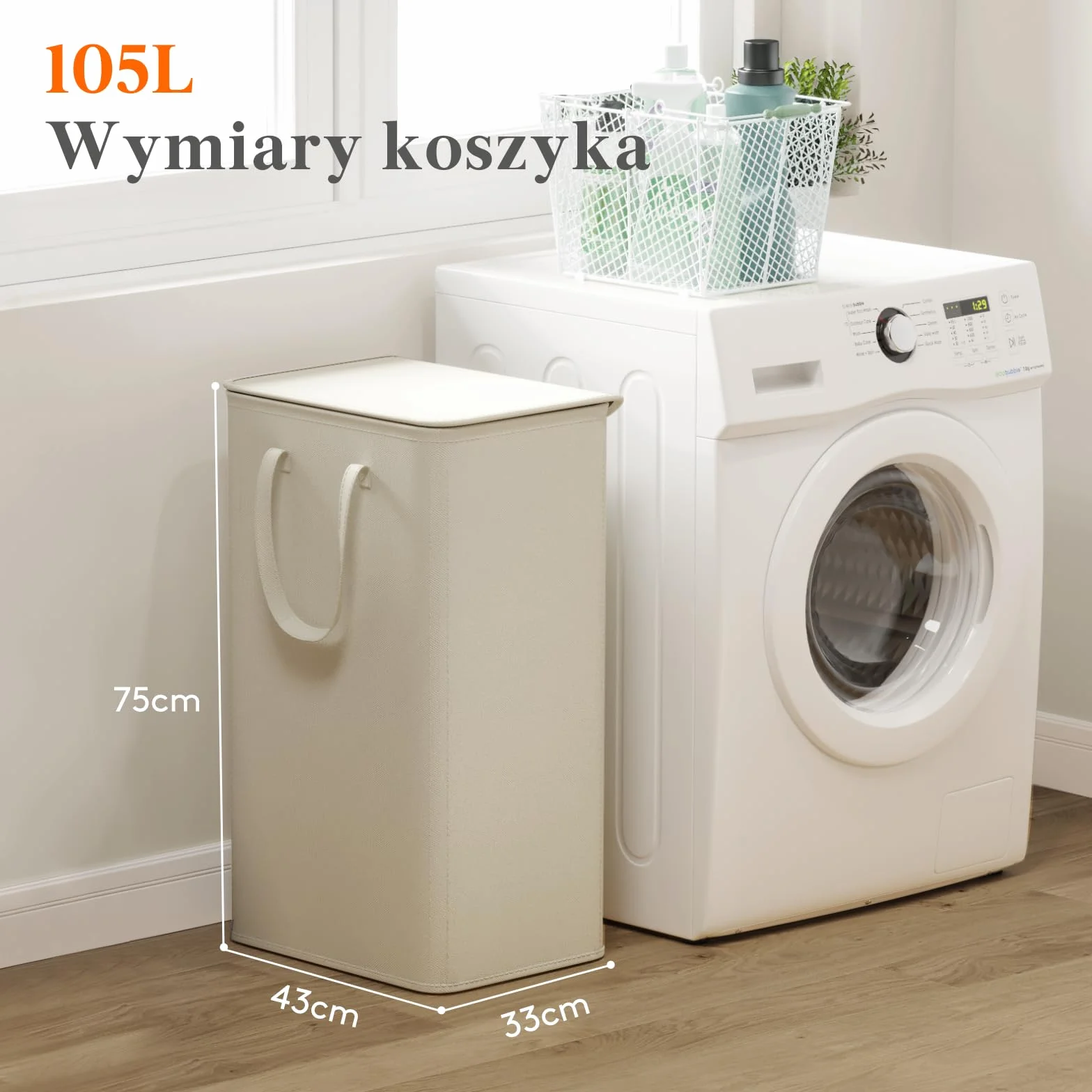 Lifewit Kosz na Pranie Wąski z Pokrywą, Składany Kosz na Pranie, Laundry Basket z Długimi Uchwytami do Sypialni Łazienki Pralni, 105 L, Biały