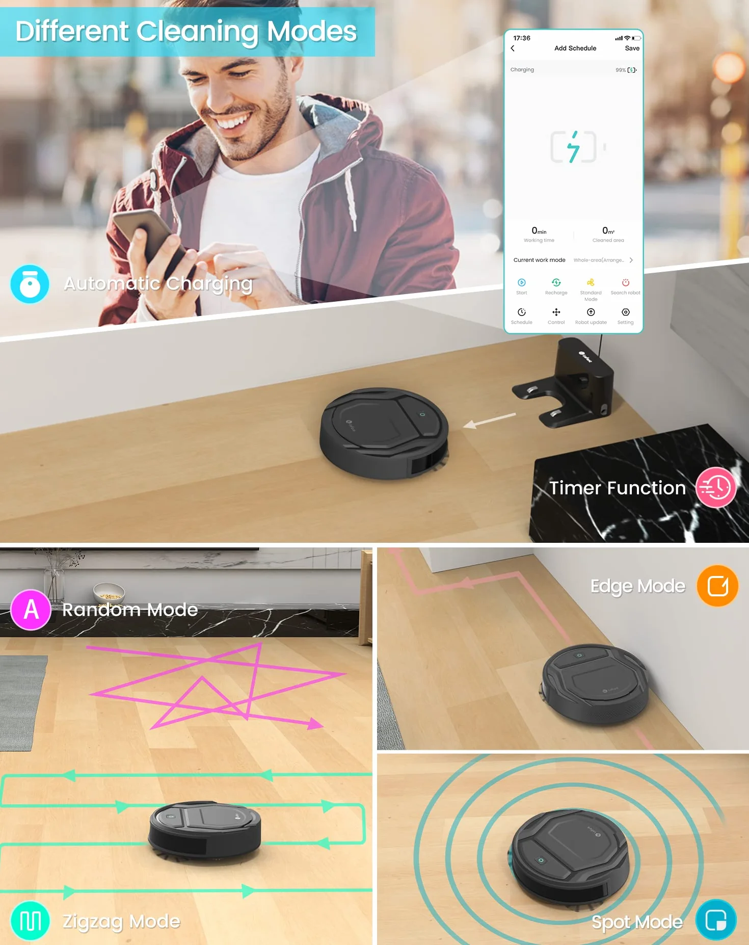 LEFANT Robot odkurzający 210PG, 2200 Pa, Wi-Fi, kompatybilny z Alexa i sterowaniem aplikacją, czas pracy 120 min, robot odkurzający, zoptymalizowany do dywanów, sierści zwierząt, twardych podłóg, ze