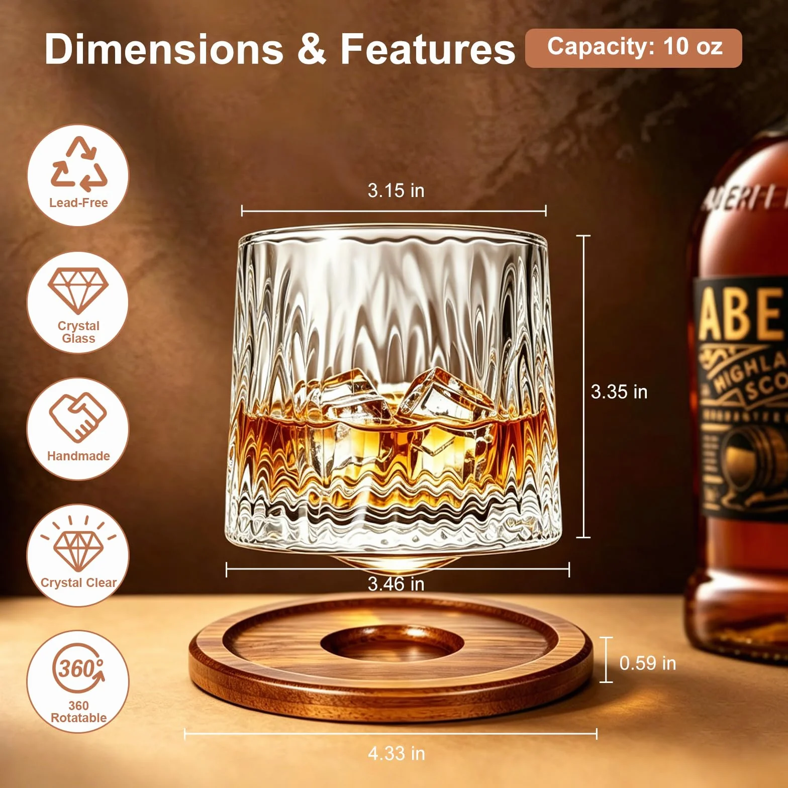 Kryształowa szklanka do whisky 275 ml z drewnianą podstawką