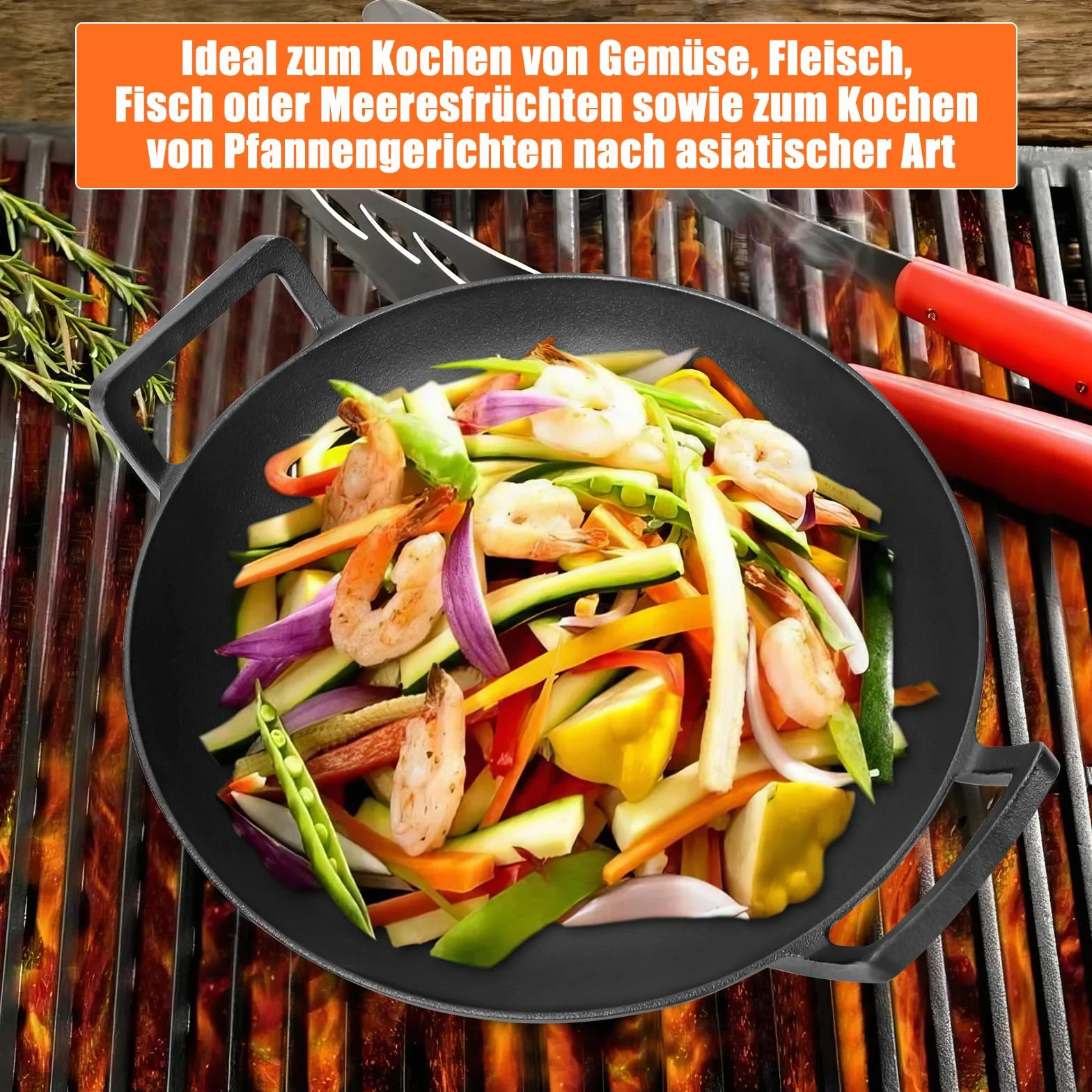 GFTIME Żeliwny wok Ø 36 cm, do grilla gazowego, do kuchenek indukcyjnych, ogniowych, żeliwnych patelni wok do Weber Spirit, Genesis Gourment, do grilla 57 cm