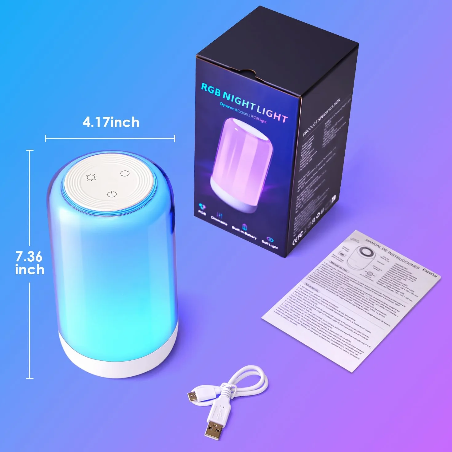 Lampka nocna do sypialni, 10 poziomów + 16 kolorów RGB, ściemnialna, dotykowa lampka nocna, 1200 mAh akumulatorowa lampka nocna