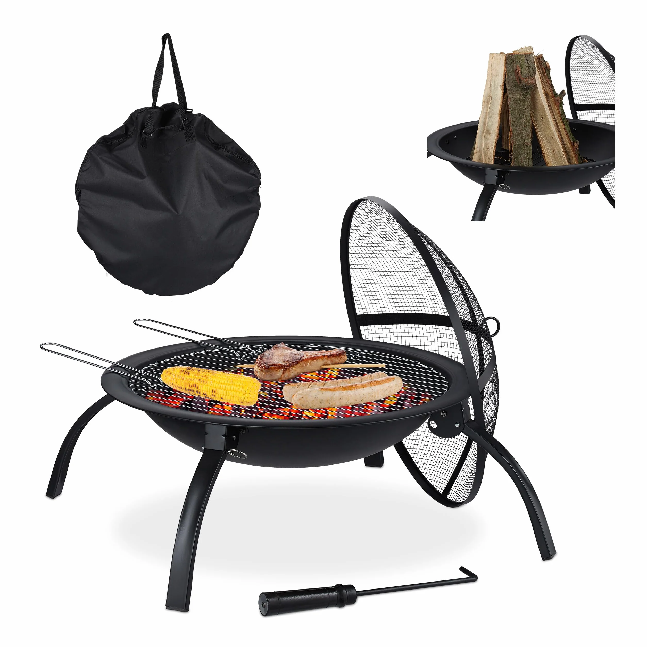 Relaxdays Palenisko XL z torbą, ruszt do grilla, pogrzebacz, pokrywa chroniąca przed iskrami, do ogrodu, na taras, średnica 56,5 cm, czarna