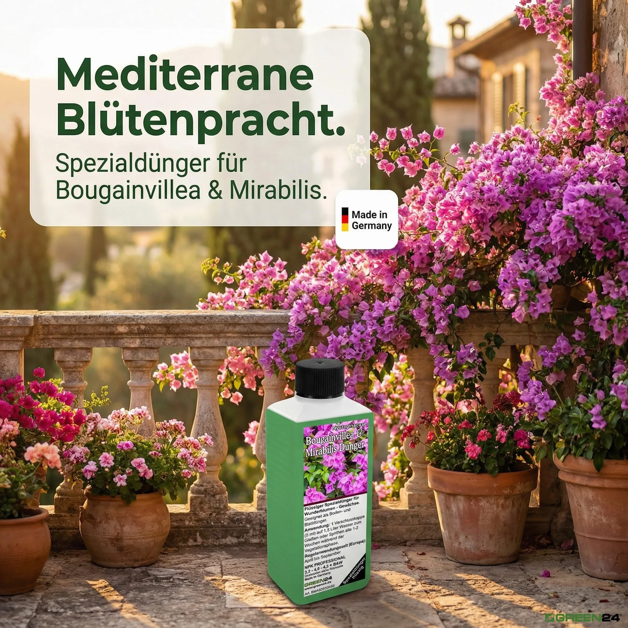 GREEN24 Bougainvillea & Mirabilis nawóz 250 ml – specjalny nawóz do mirabilis, drillingsblumen – śródziemnomorskich roślin doniczkowych, nawóz do kwiatów – płynny nawóz NPK do Nyctaginaceae – balkon