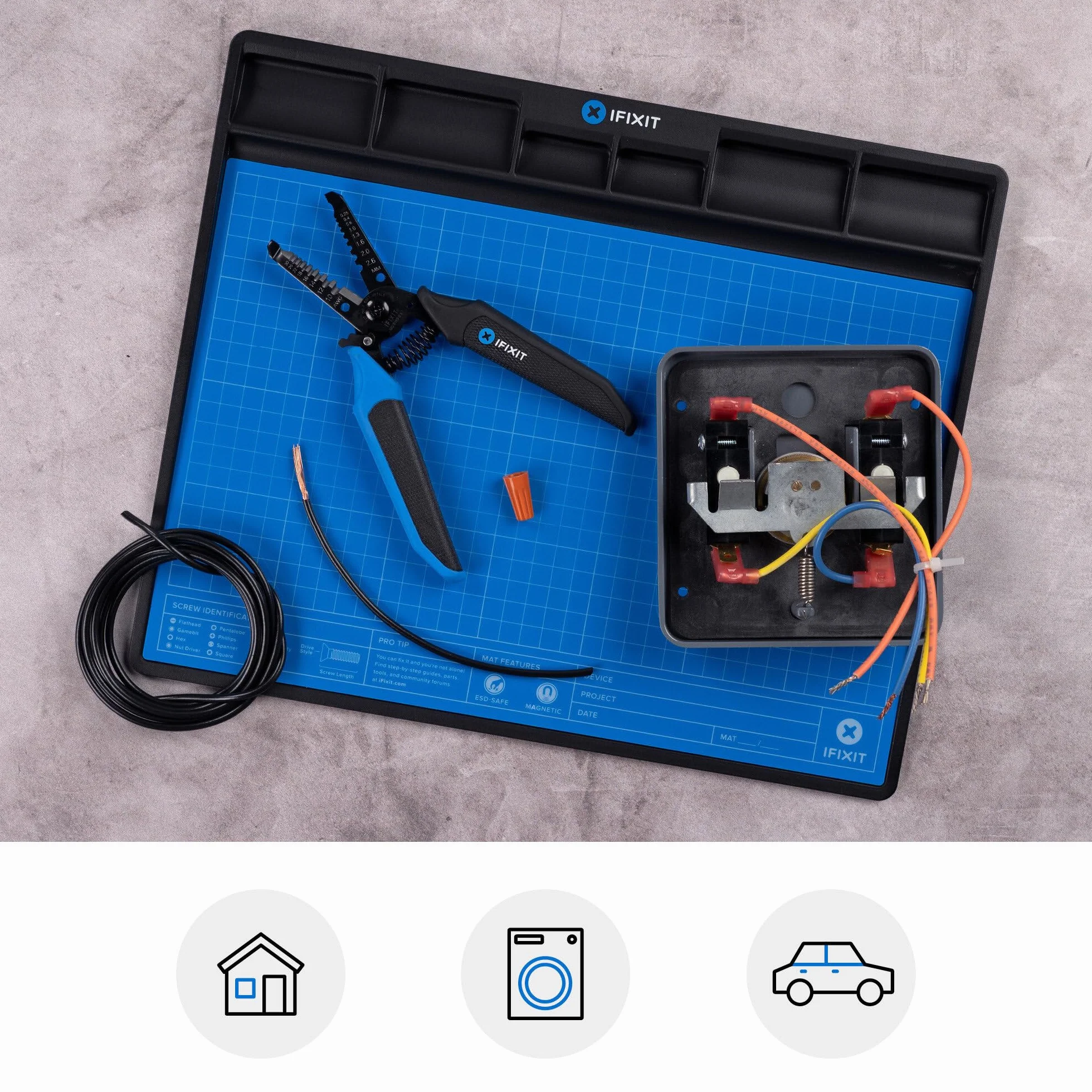 Szczypce do zdejmowania izolacji Mandible iFixit – produkt z ergonomicznym uchwytem i automatycznie otwieranym zatrzaskiem, przeznaczony do naprawy urządzeń elektronicznych