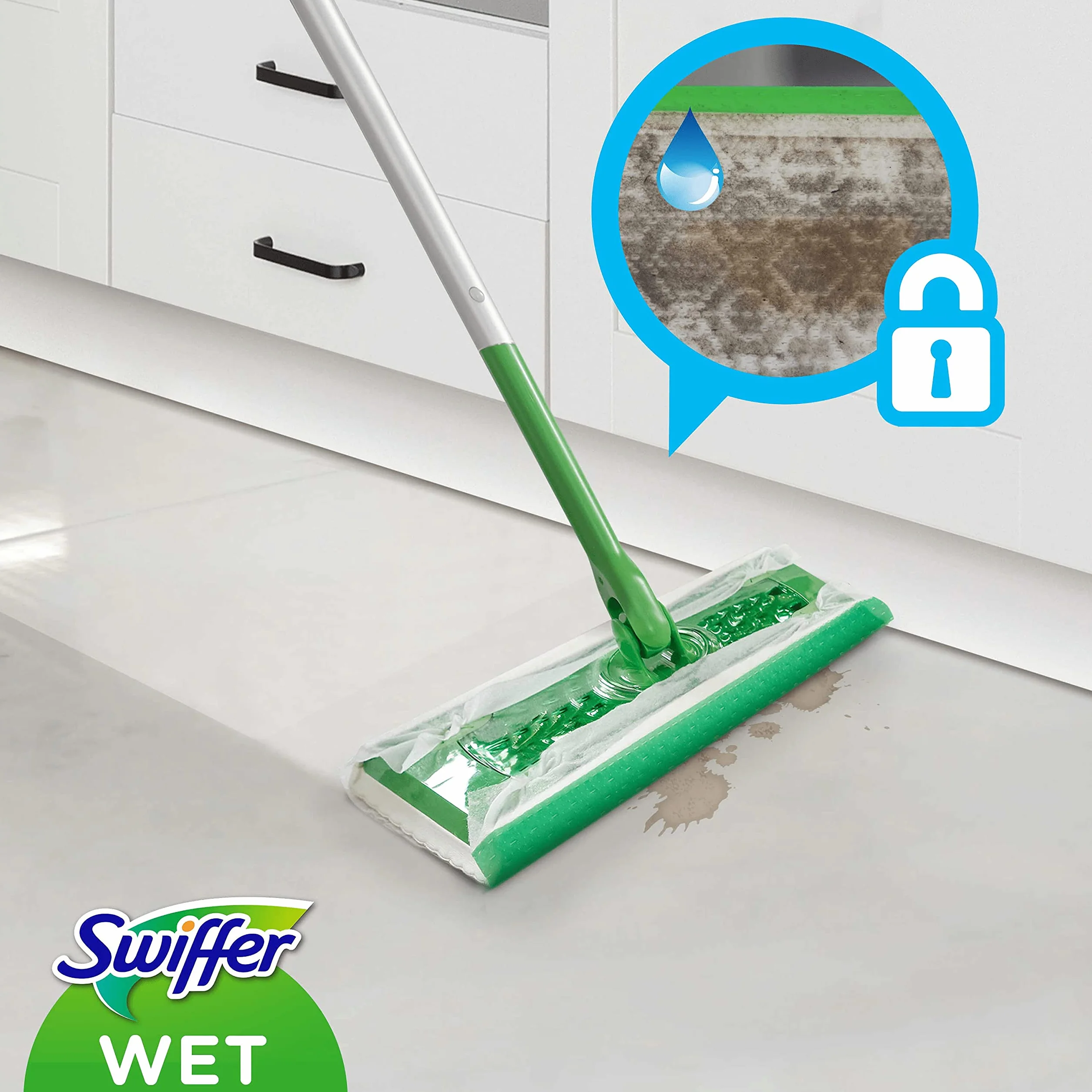 Swiffer Chusteczki na mokro, 12 chusteczek czyszczących, do zamiatania, łapania kurzu, chusteczki zatrzymują kurz i brud