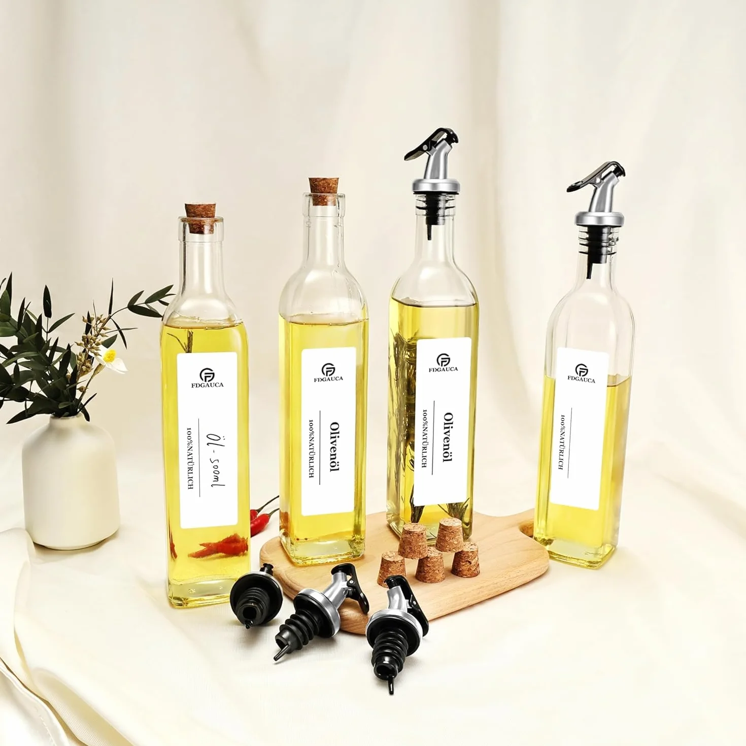 MRVNN Dozownik oleju szklany 500 ml 2 butelki z dzióbkiem srebrny butelka na oliwę z oliwek z etykietami DIY dozownik oleju i octu