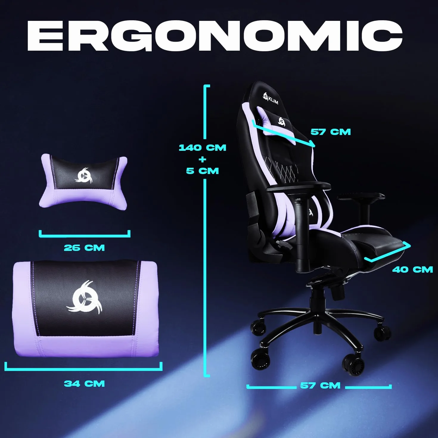 KLIM eSports Gaming Chair + z obsługą lędźwi i szyi + regulowany fotelik gier + ergonomiczny krzesło PC + skóra syntetyczna i materiały premium + Nowa wersja Czarny