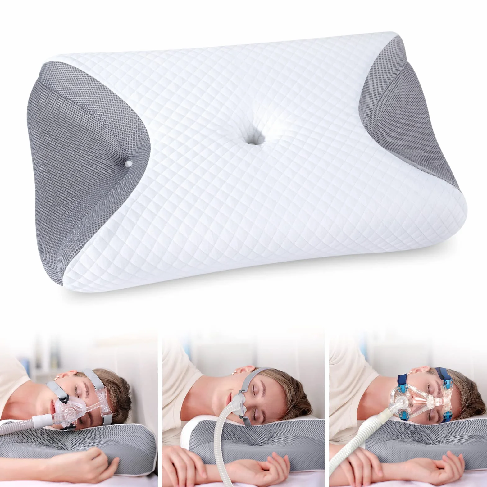 HOMCA CPAP Poduszka dla osób śpiących na boku, poduszka z pianki Memory Foam na bezdech senny, odpowiednia dla wszystkich użytkowników masek CPAP, redukuje wycieki powietrza, 65x40x9/11cm (Szary)